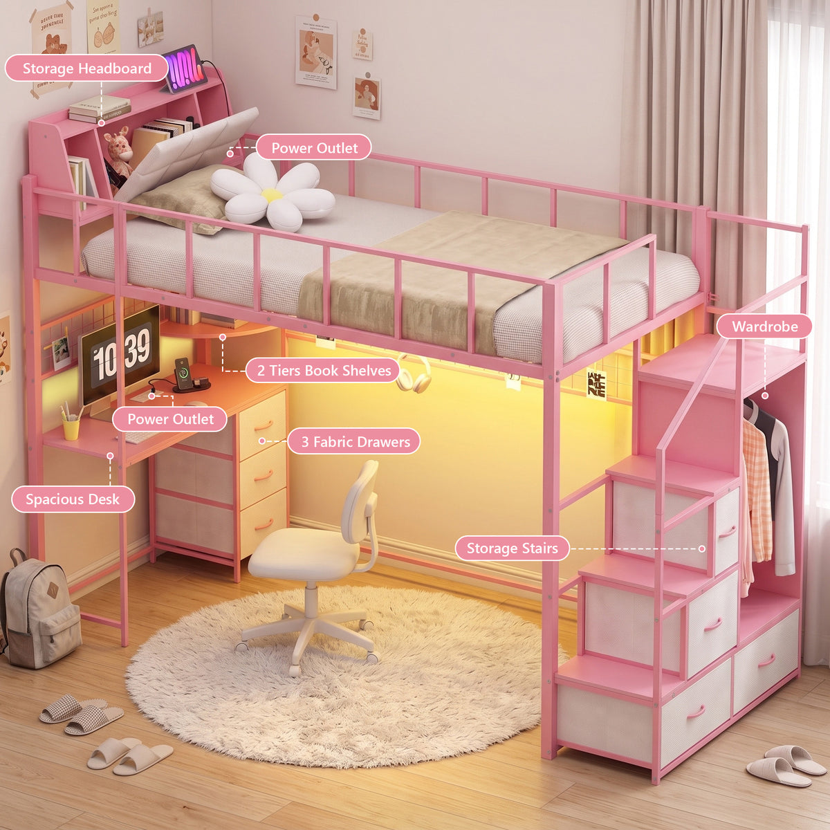 Advwin Loft Bed with Storage Headboard & Power Outlets