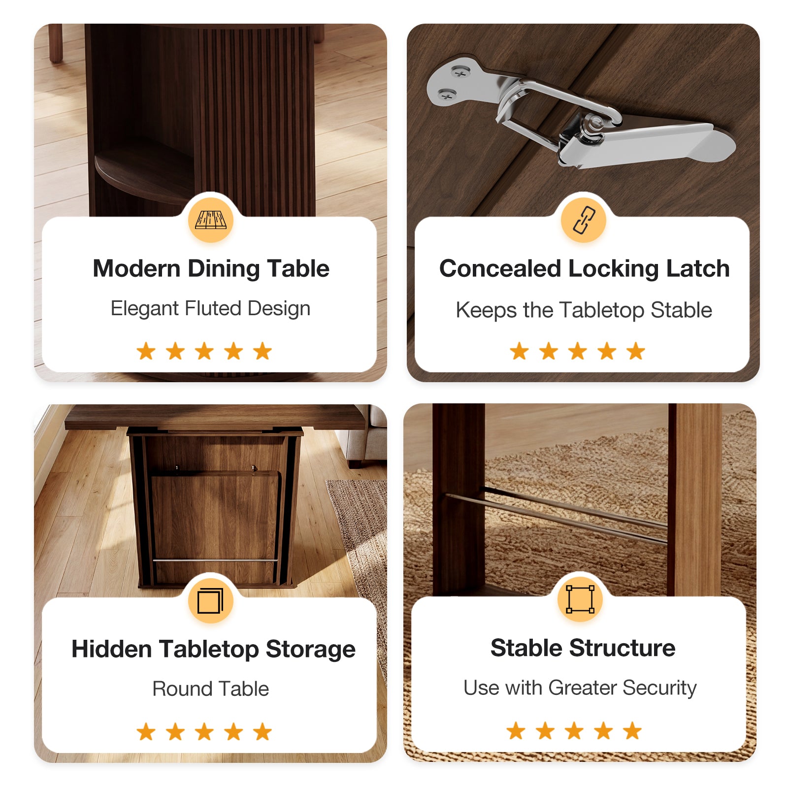 Modern dining table with features highlighted on a wooden floor.