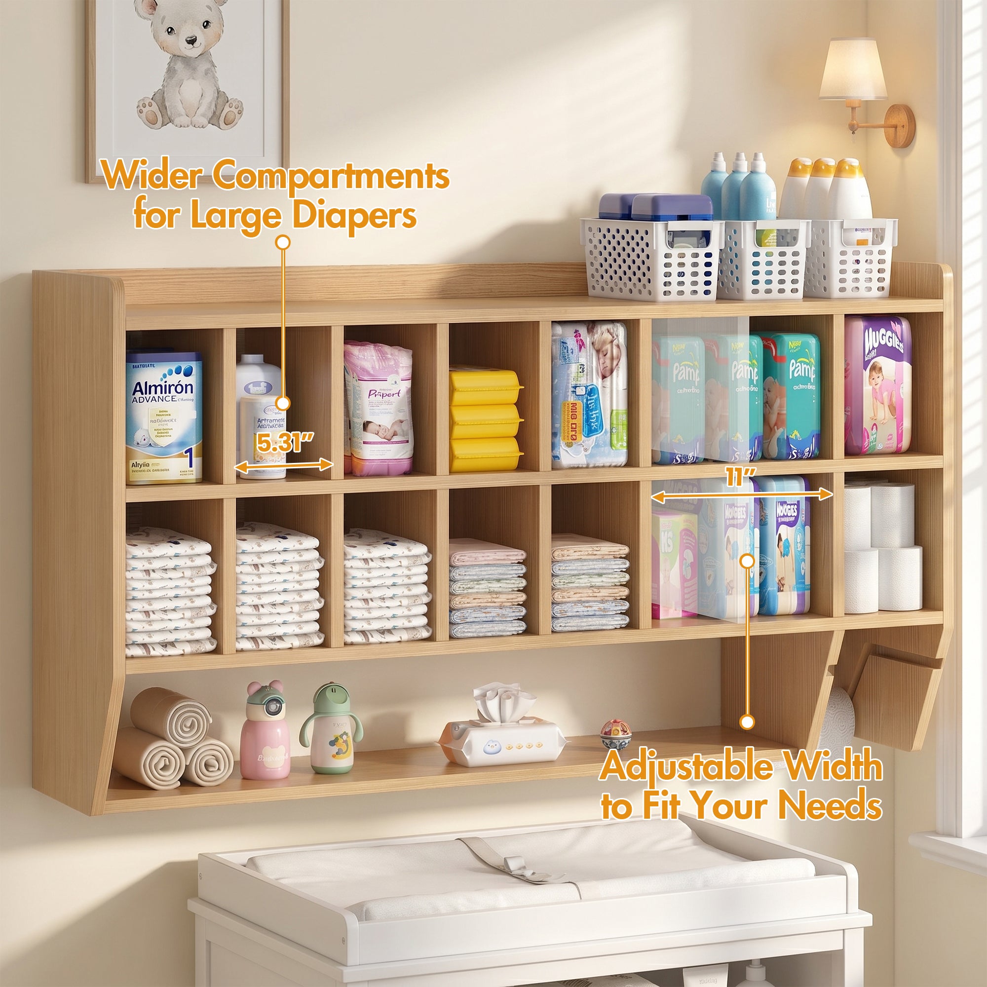 Advwin Wall-Mount Diaper Organizer w/ Adjustable Cubbies