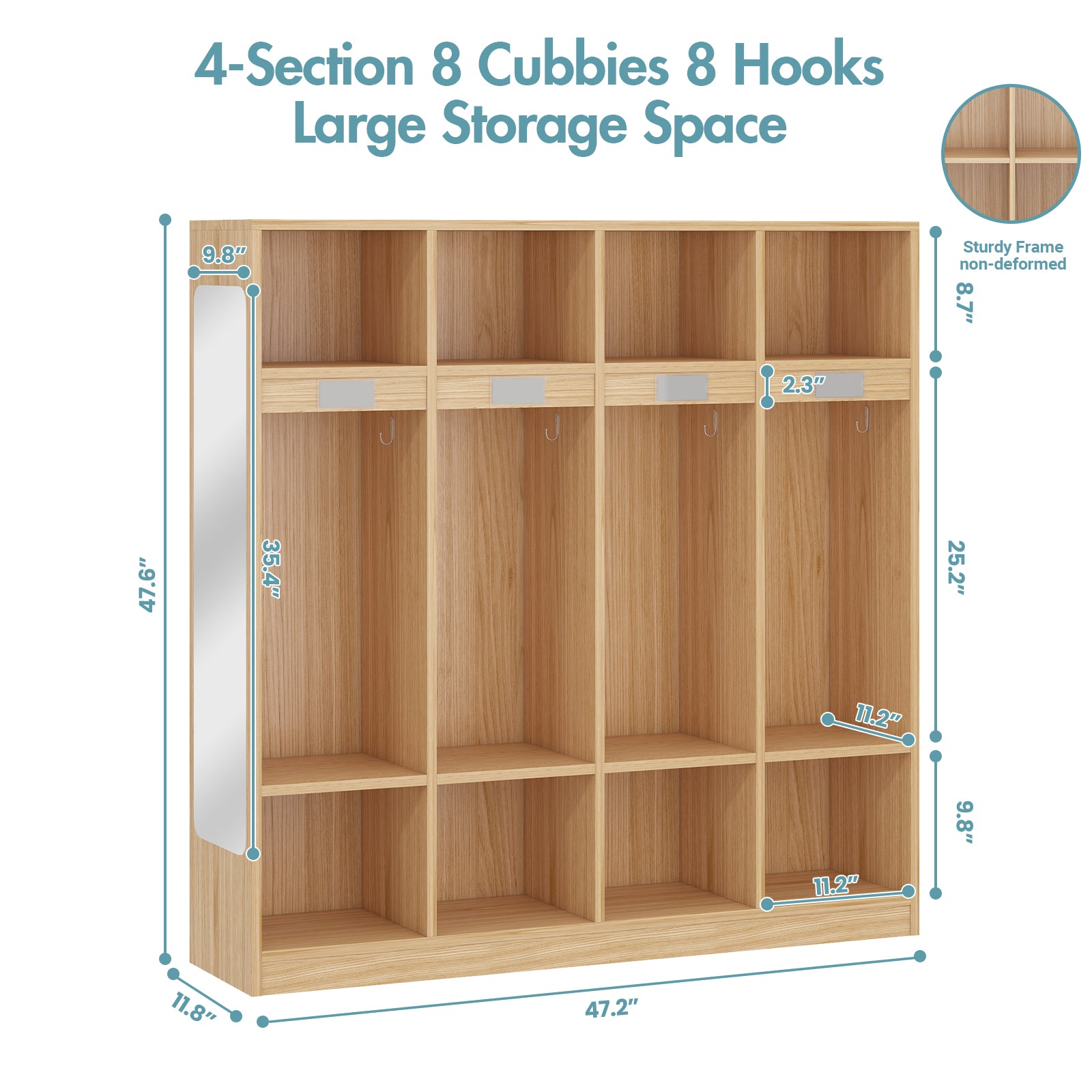 Wooden locker with 4 sections, 8 cubbies, and 8 hooks with dimensions displayed.