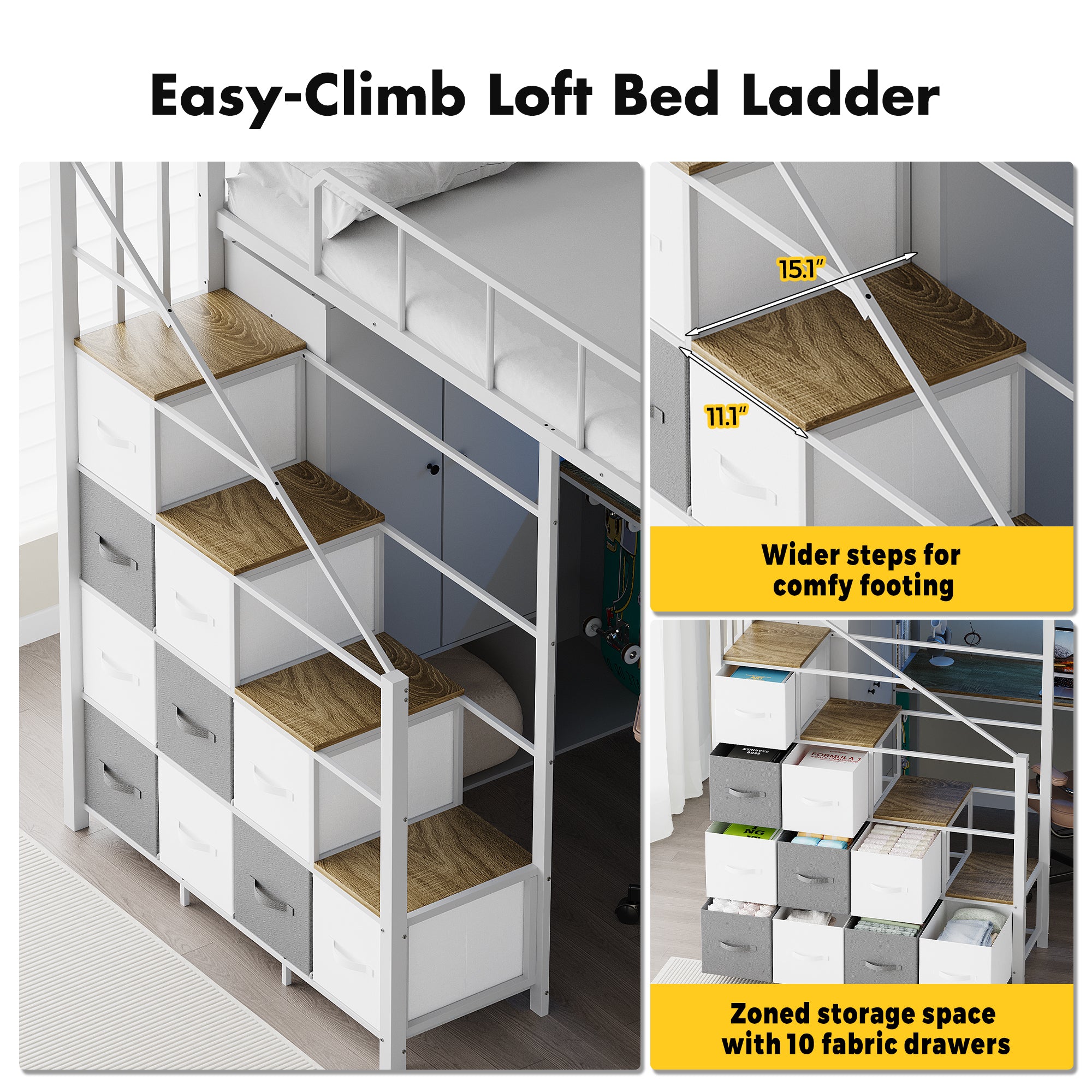 Advwin Space-Saving Loft Bed with LED Light & Drawers