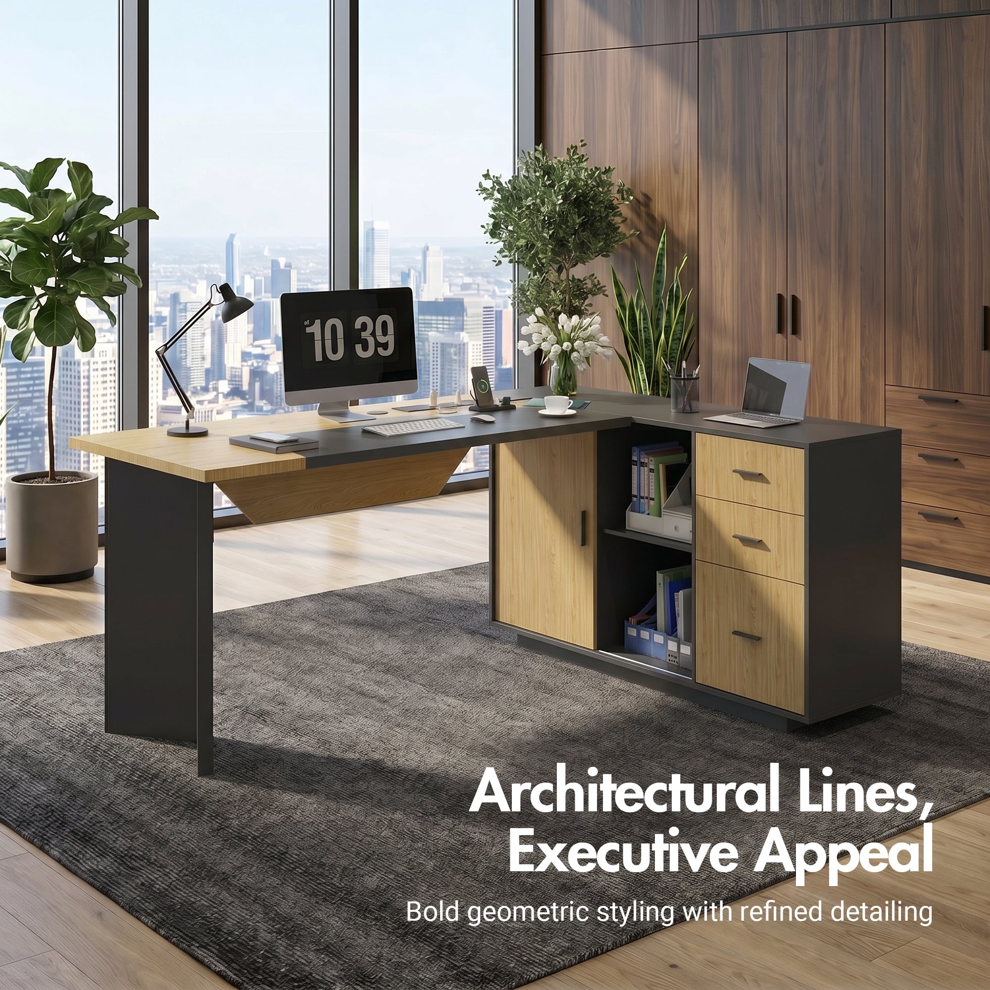 Advwin L-Shaped Executive Desk w/ Glass Display Cabinet