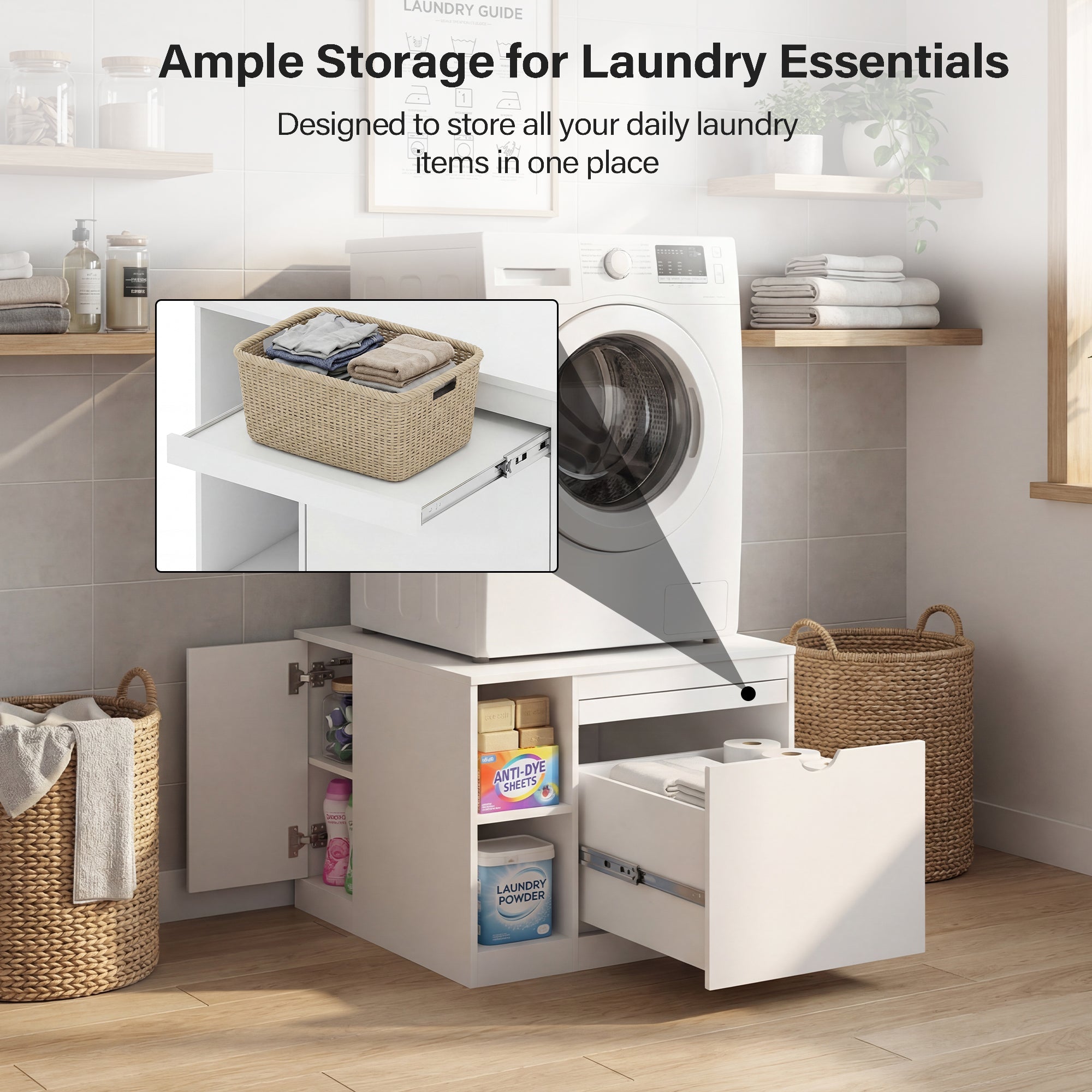 Laundry room with storage cabinet, washing machine, and laundry baskets.