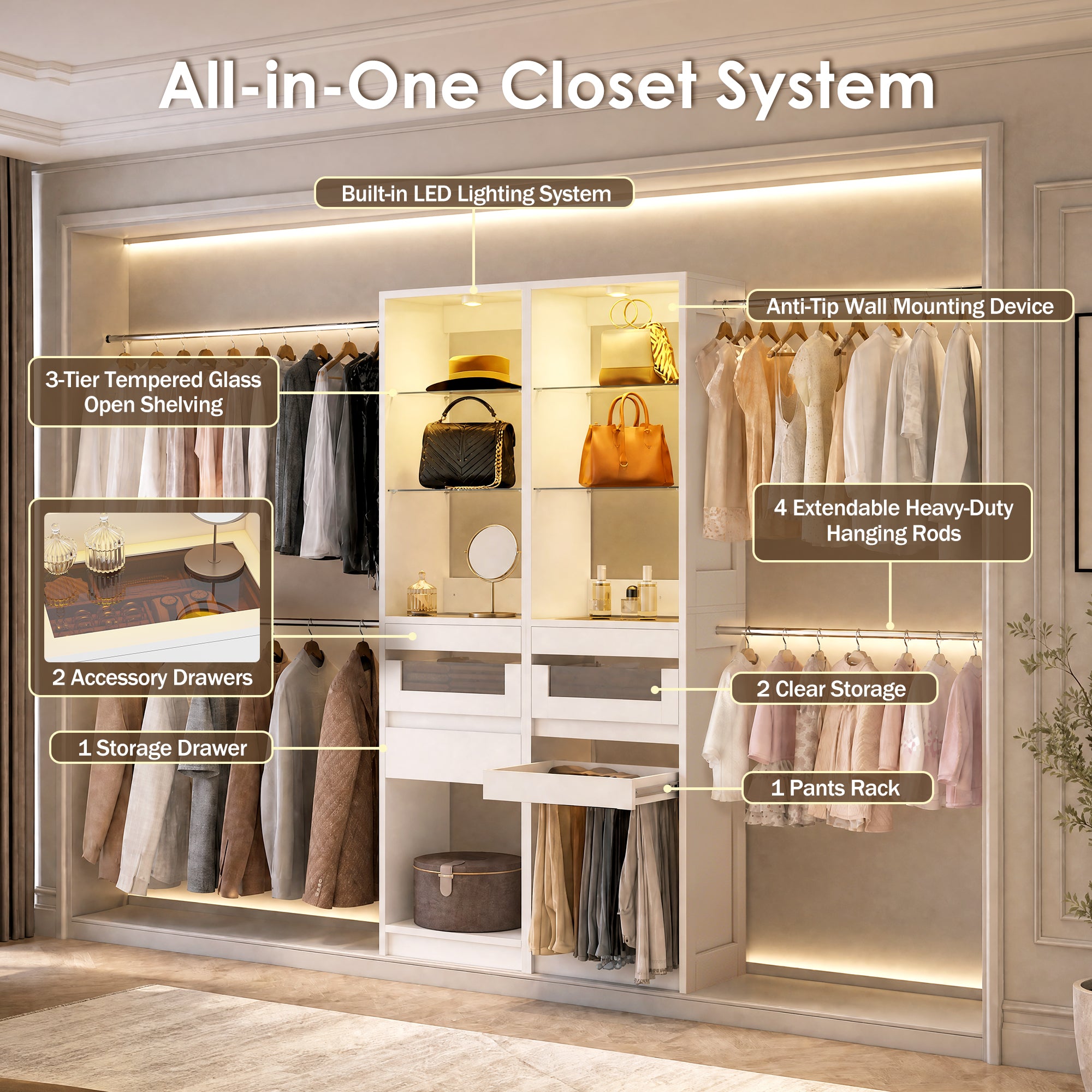 Advwin 6-12 Ft Closet System with LED Lighting