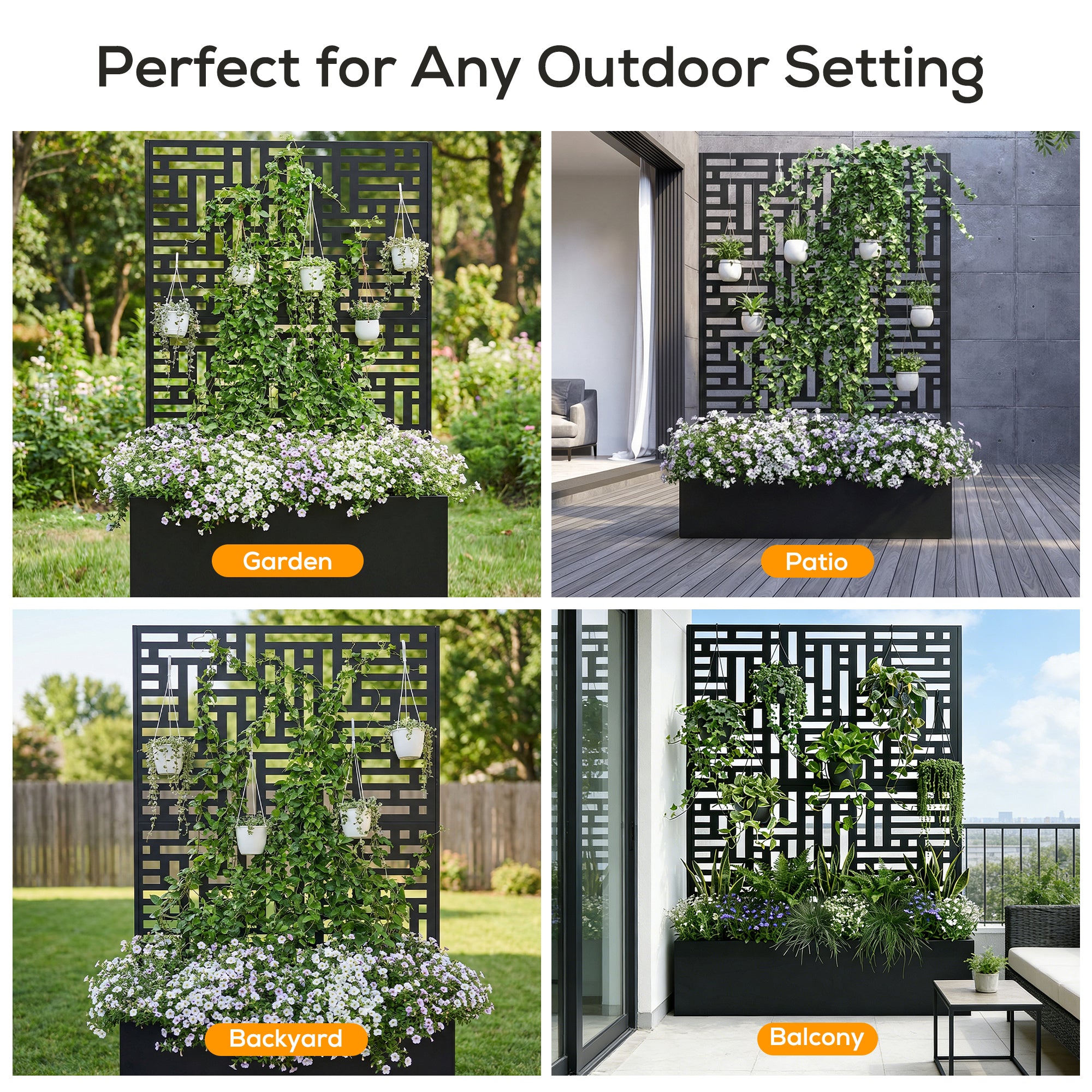 Decorative outdoor screen with planters in various settings including garden, patio, backyard, and balcony.