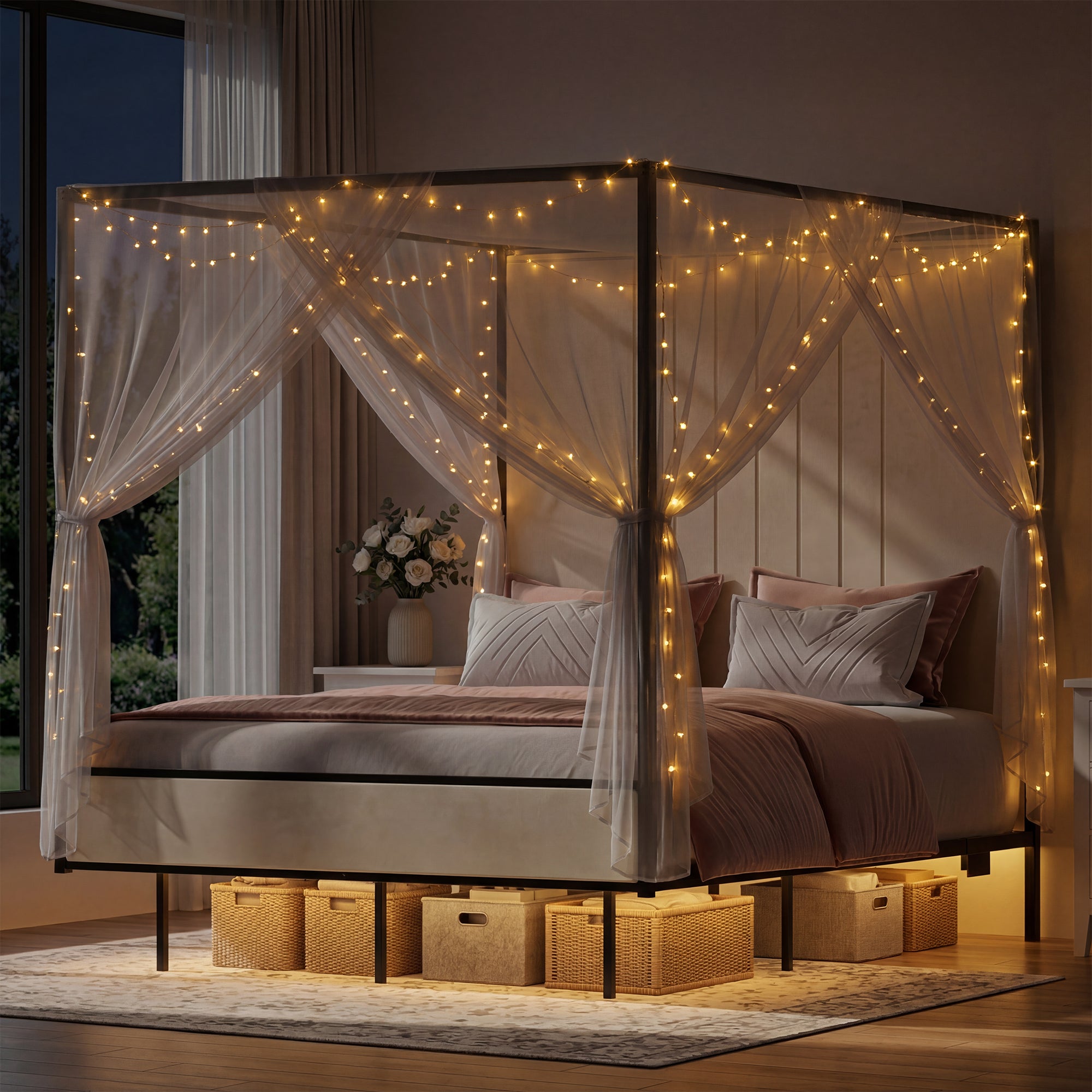 Advwin Canopy Bed Frame with RGB LED Strip Lights