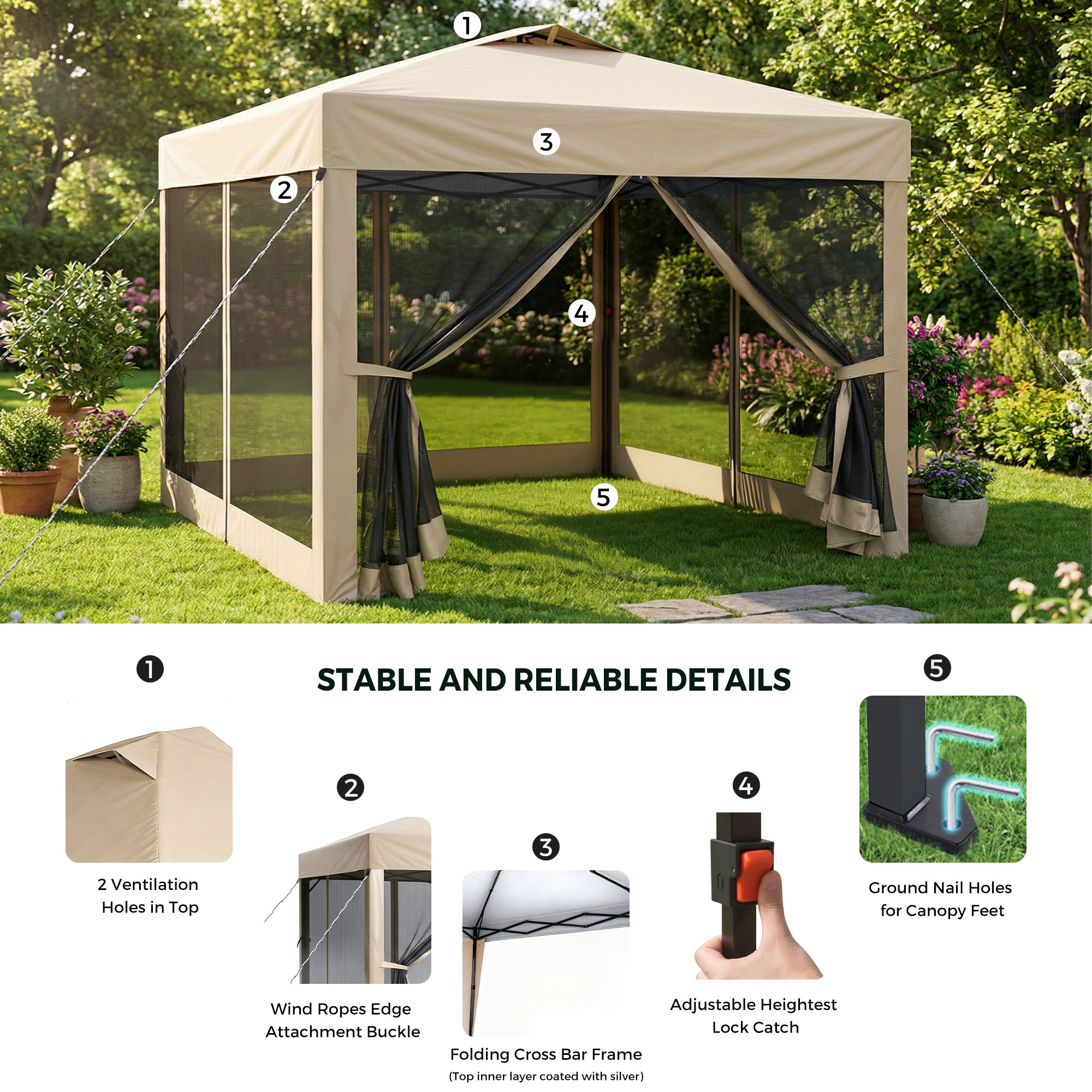 Beige outdoor canopy tent with screen walls in a garden setting, featuring stable and reliable details.