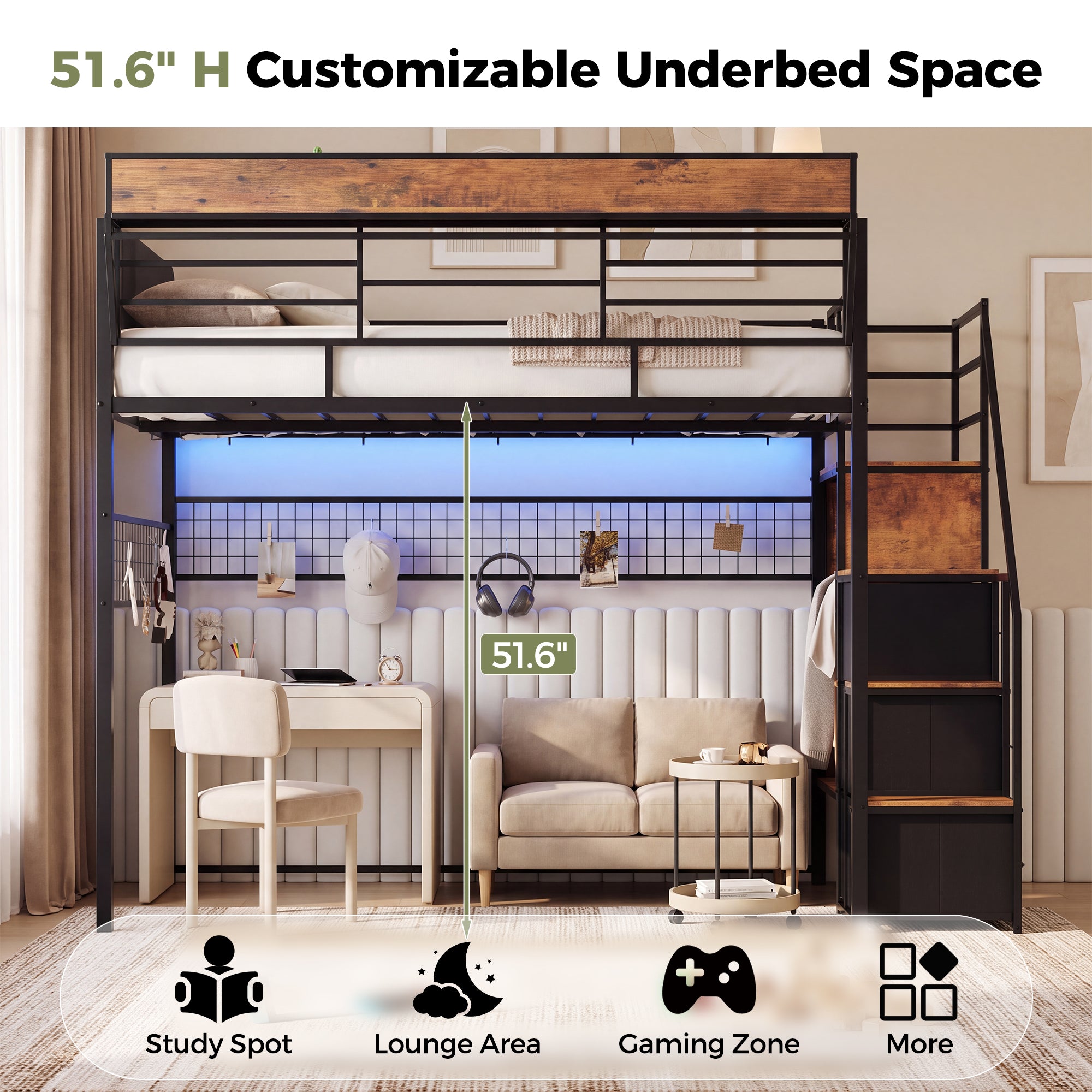 Advwin Loft Bed w/ Stairs, Storage and LED Light