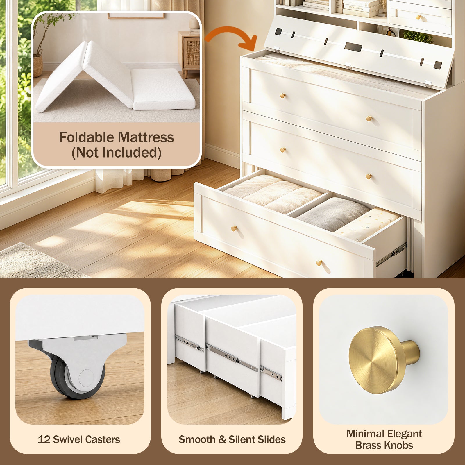 Advwin Murphy Bed w/ Large Storage & LED Light