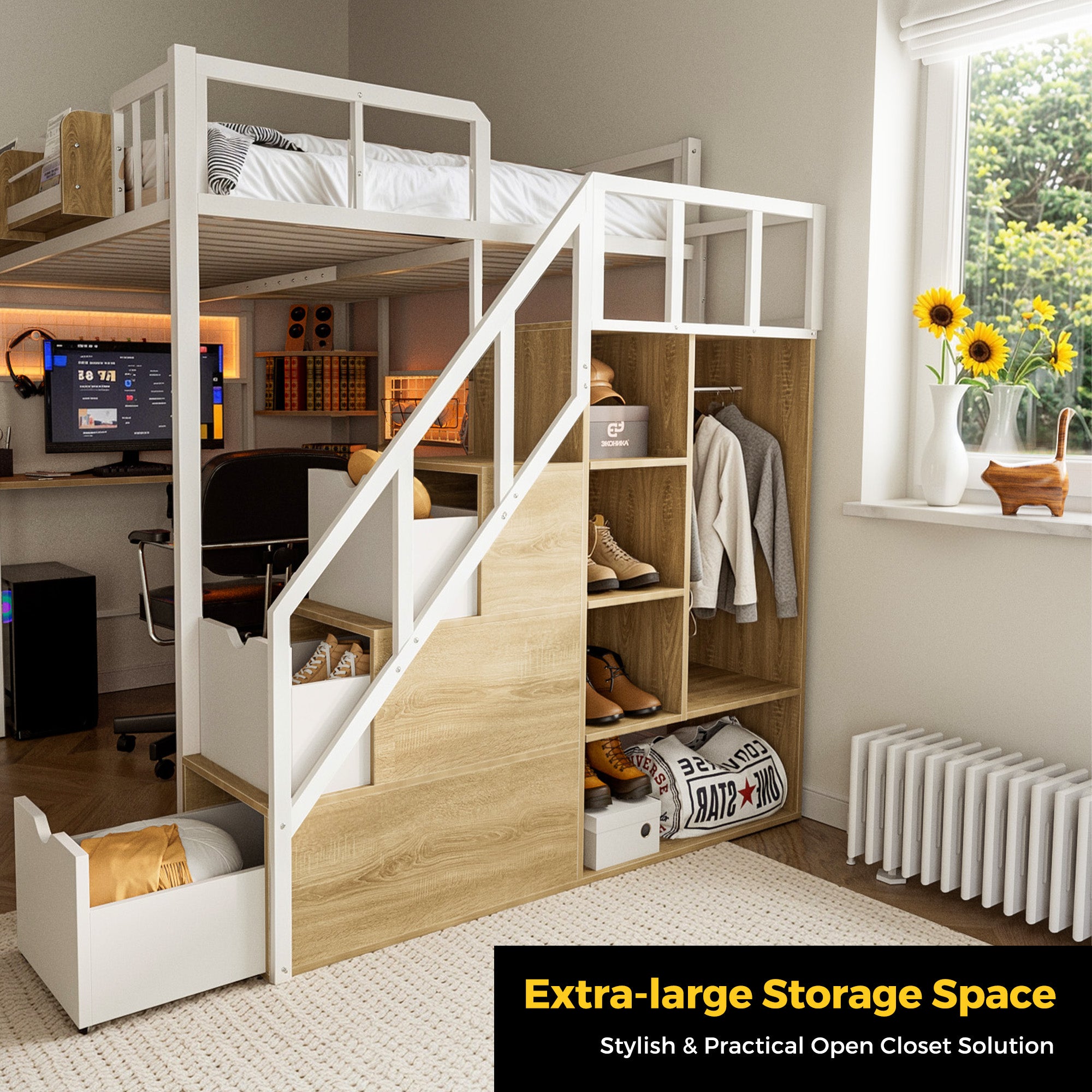 Advwin Loft Bed with Desk and Stairs
