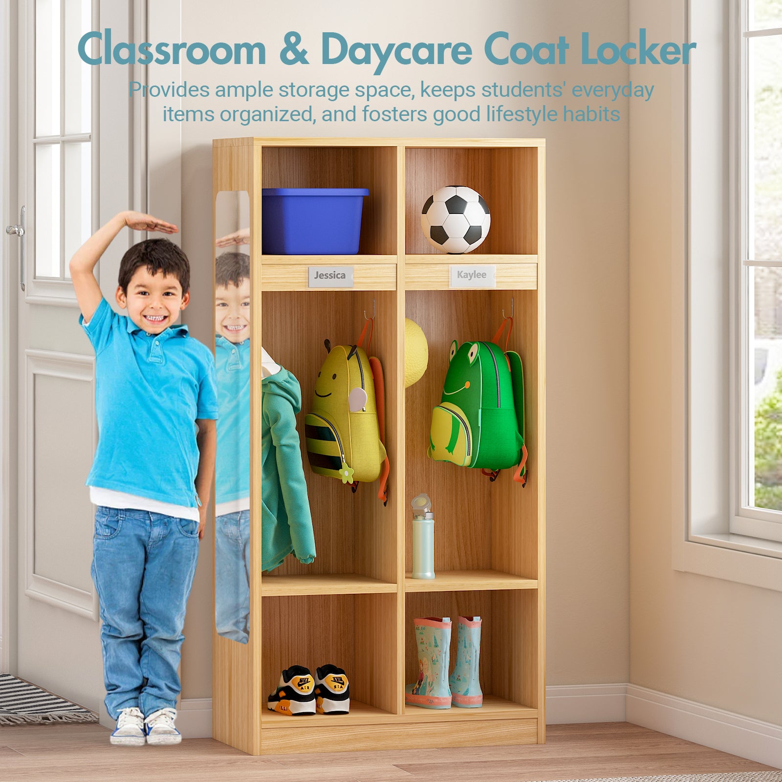 Wooden locker with children's items in a classroom or daycare setting
