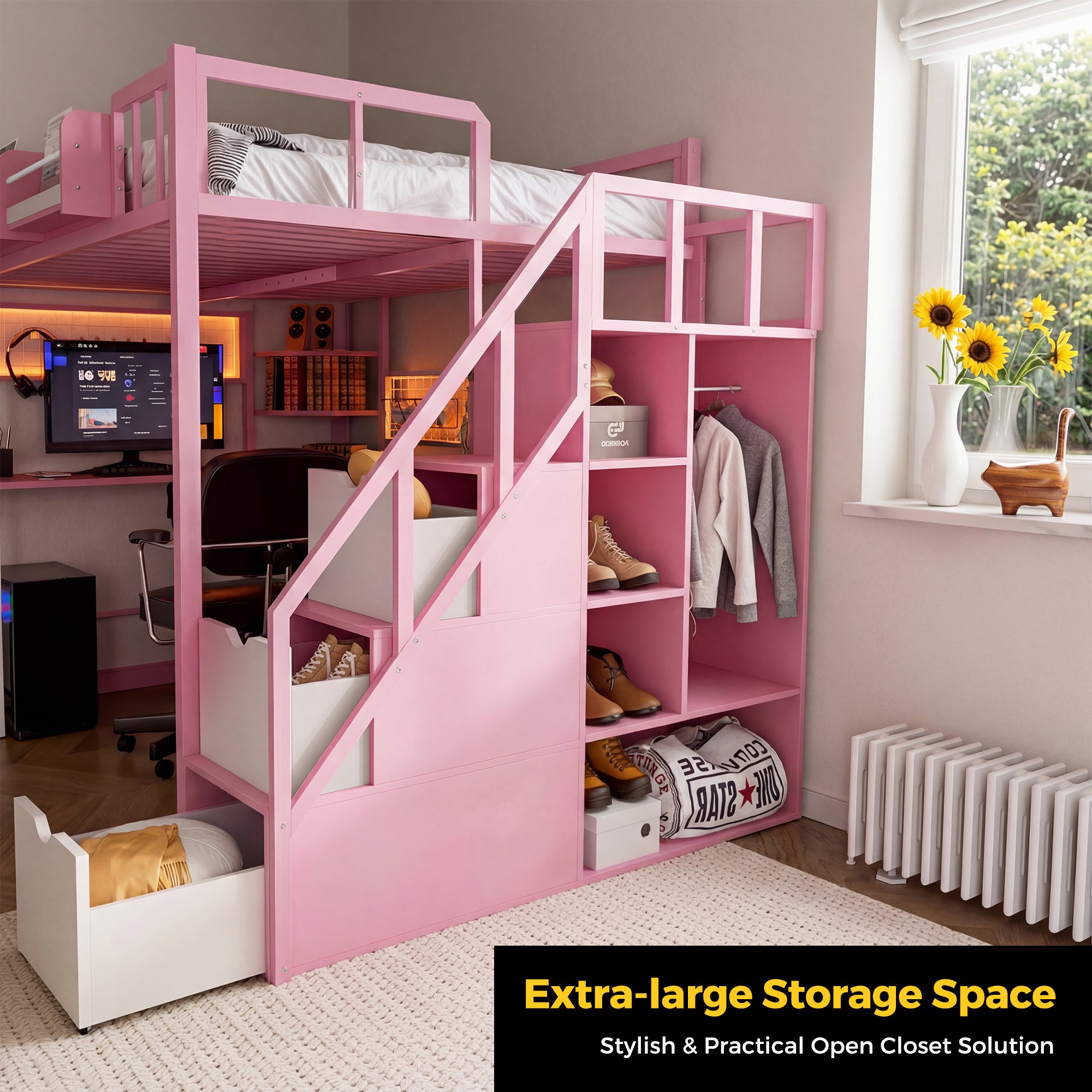 Advwin Loft Bed with Desk and Stairs (Low Stock)