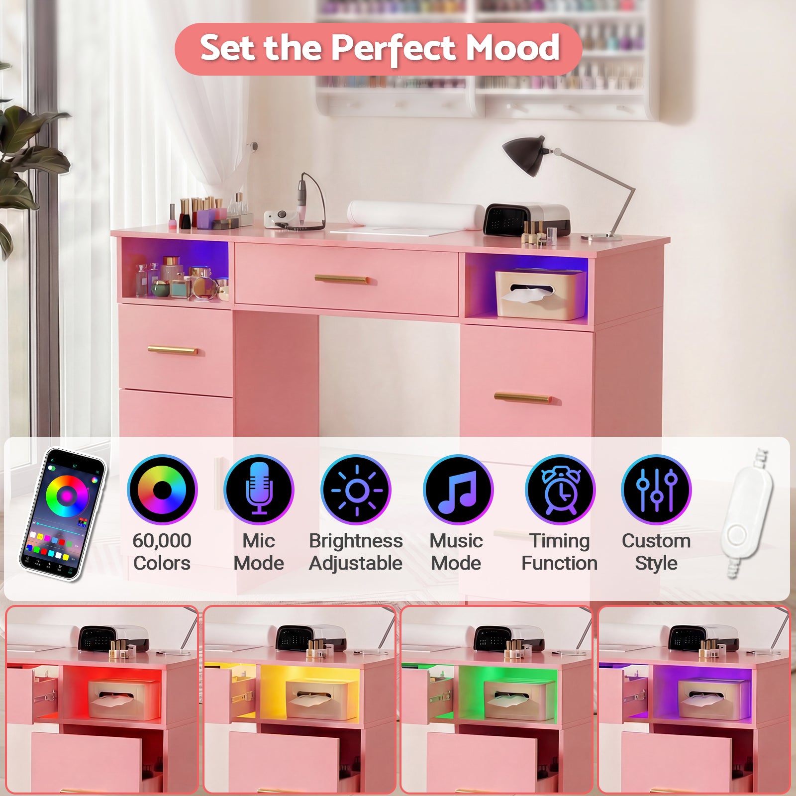 Pink desk with LED lighting options and smartphone app control in a room setting.