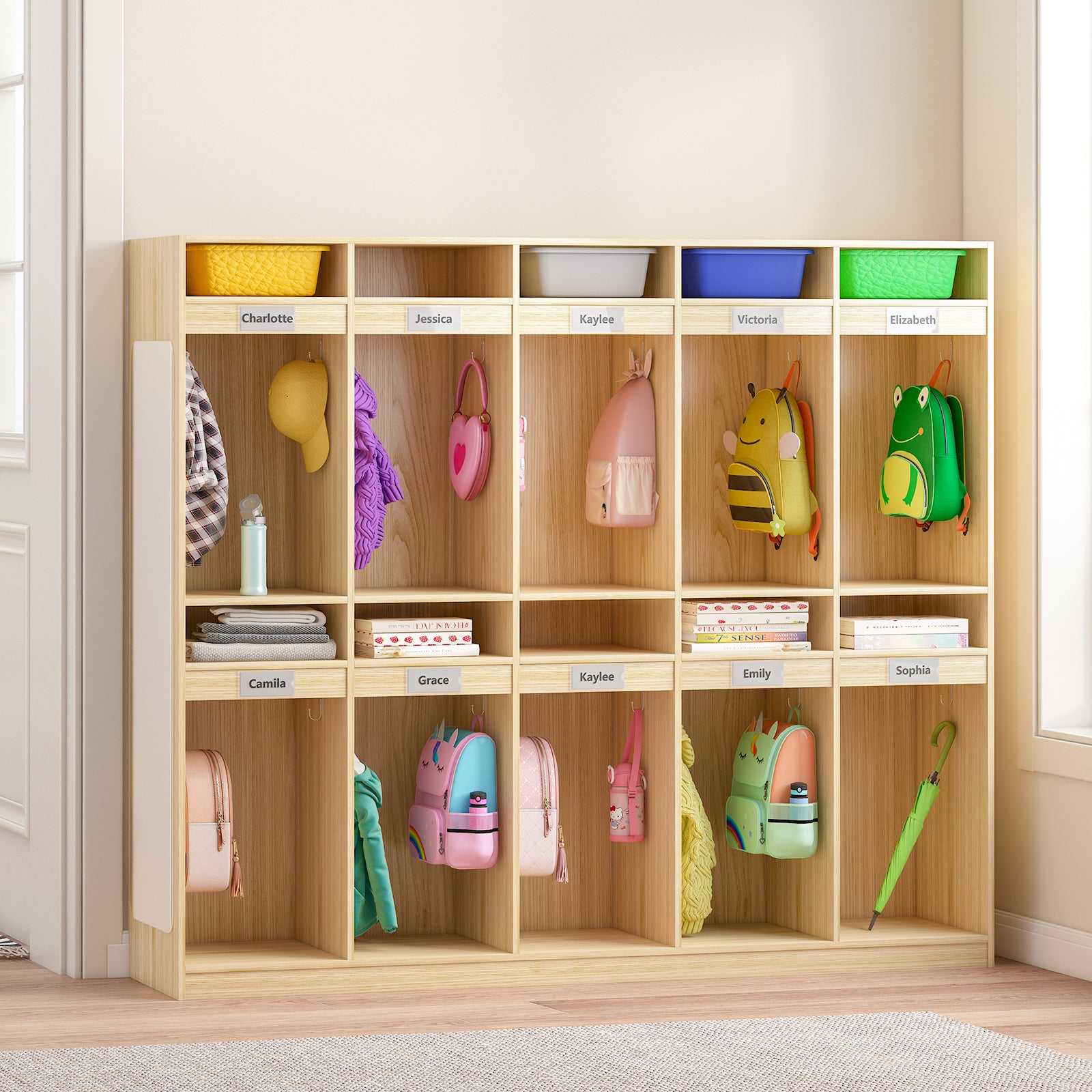 Wooden locker with labeled compartments containing various children's items.