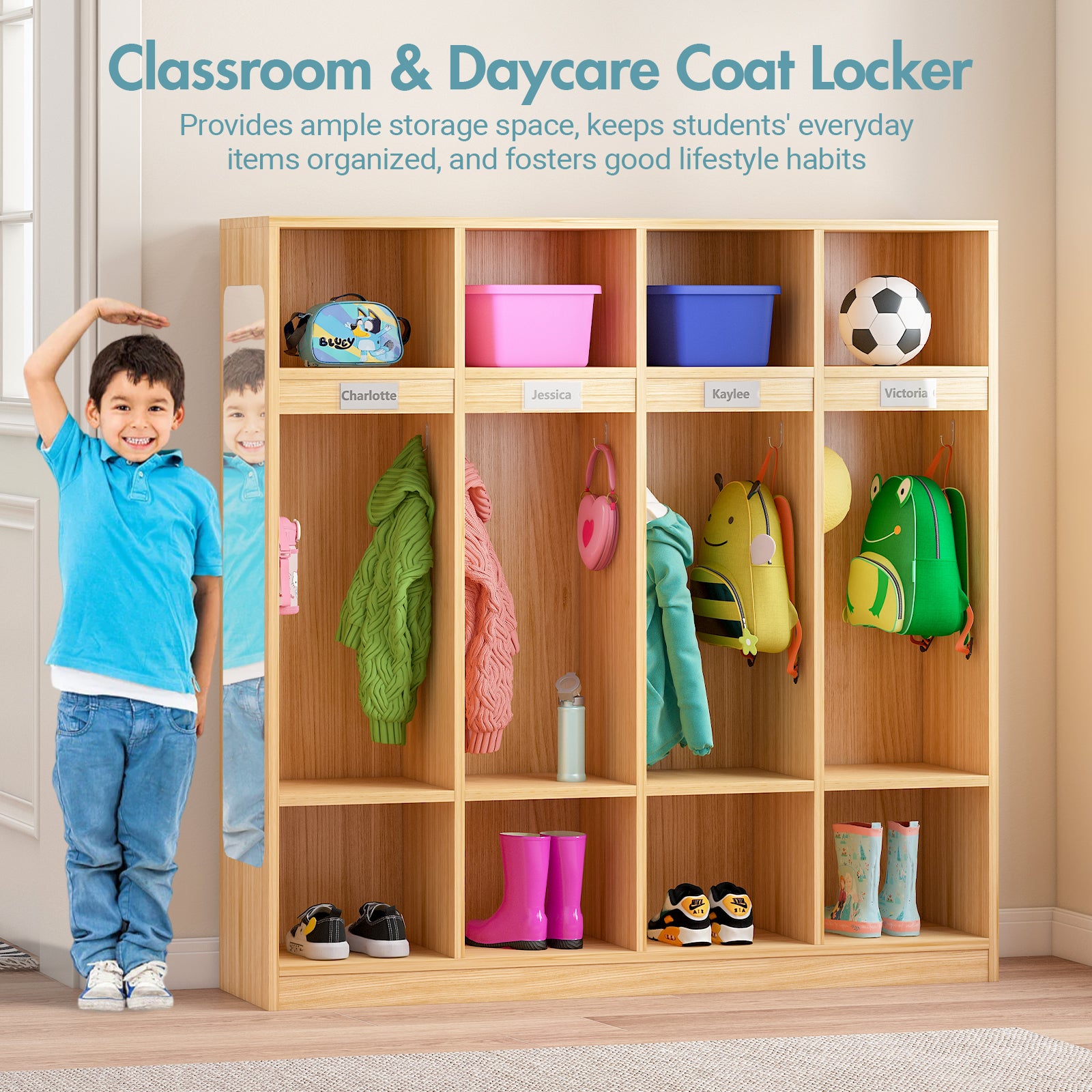 Wooden coat locker with labeled cubbies containing children's items in a classroom setting.