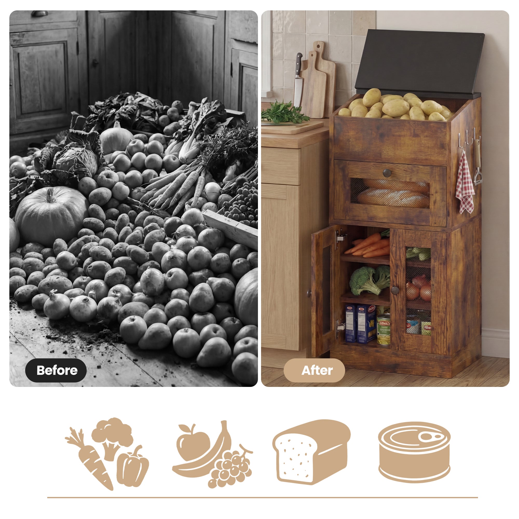 Advwin Multi-Compartment Wooden Fruit & Vegetable Cabinet
