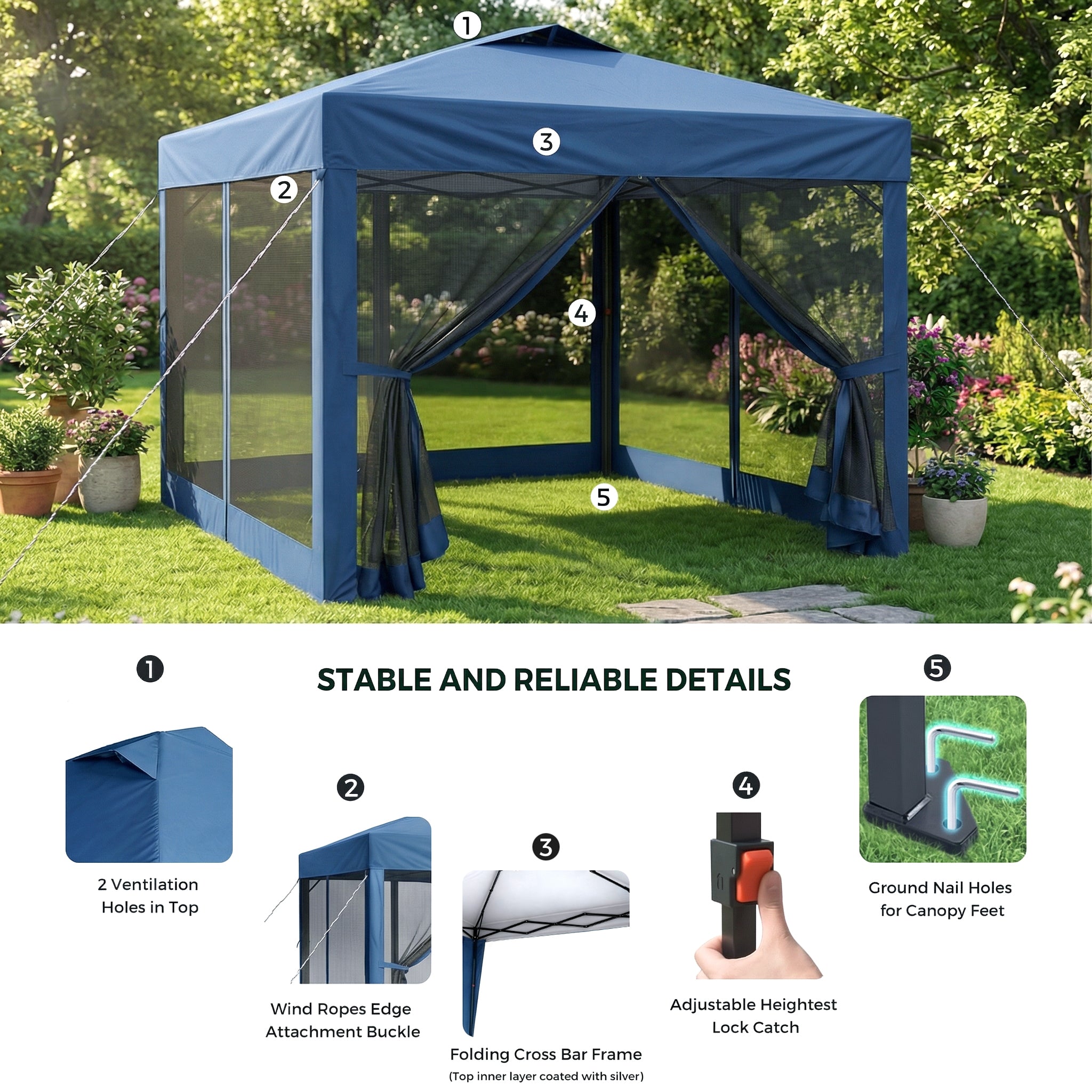 Blue outdoor canopy tent with mesh walls in a garden setting, featuring stable and reliable details.