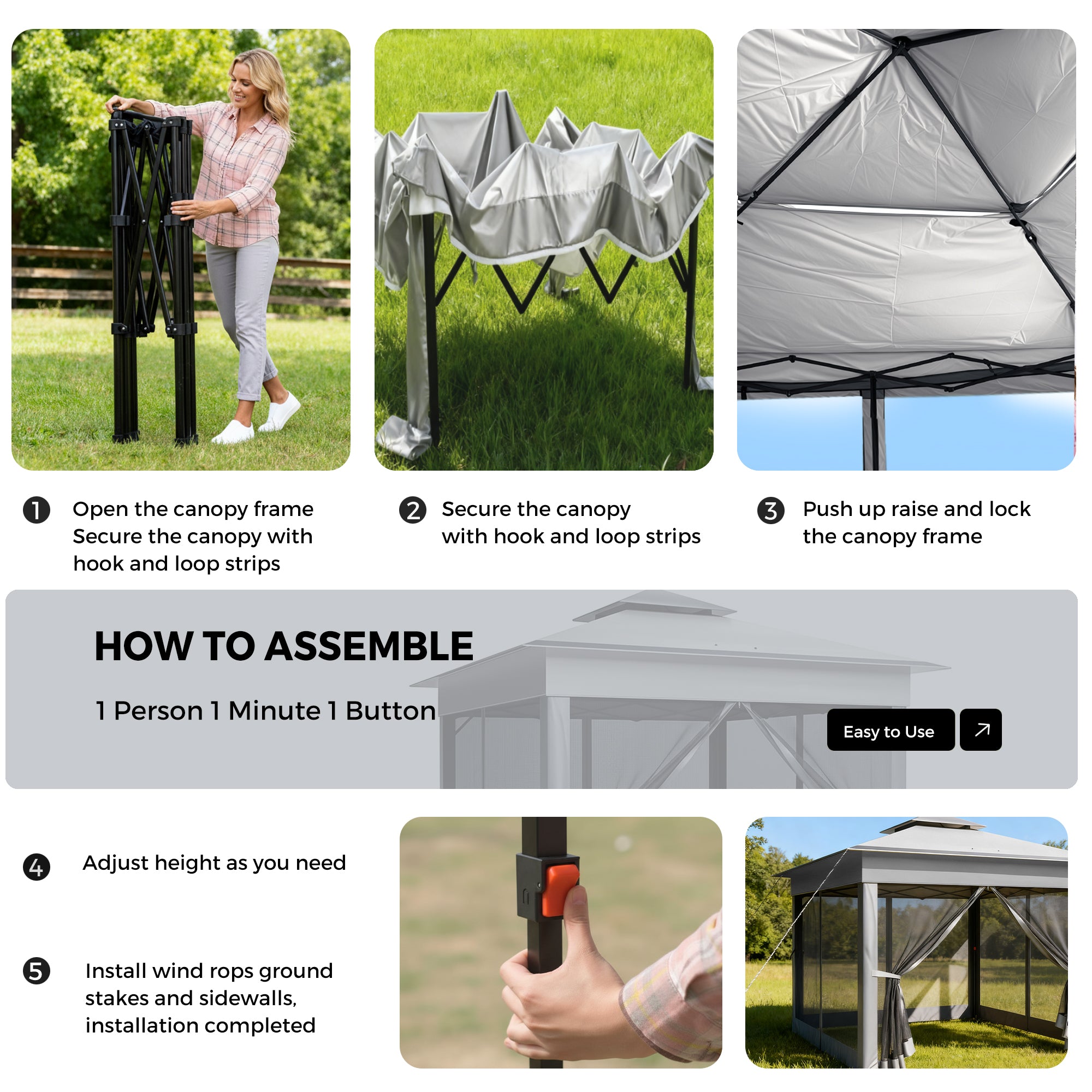Step-by-step guide on how to assemble a canopy with images and text instructions.