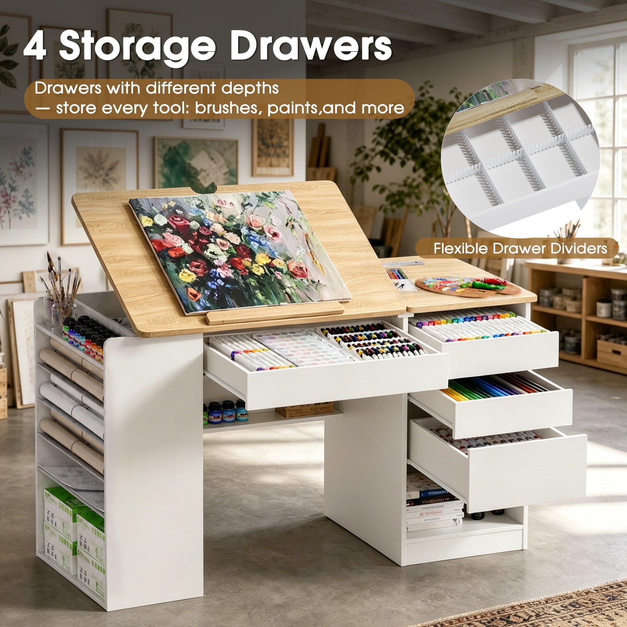 Advwin Adjustable Drafting Table with Storage