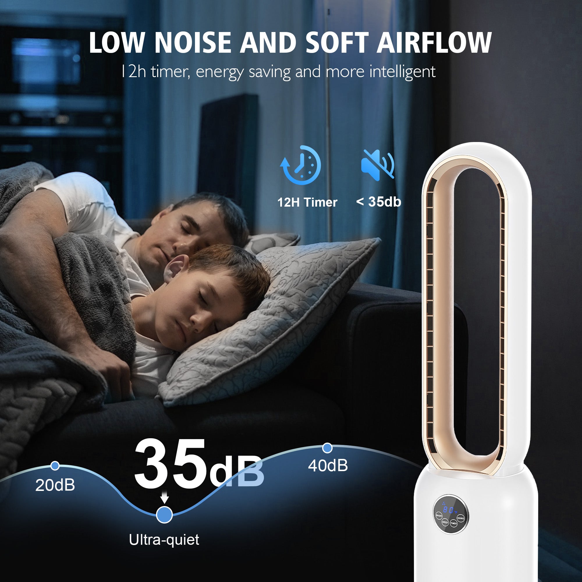 Advwin White Bladeless Tower Fan Auto Electric Air Cooler with Remote