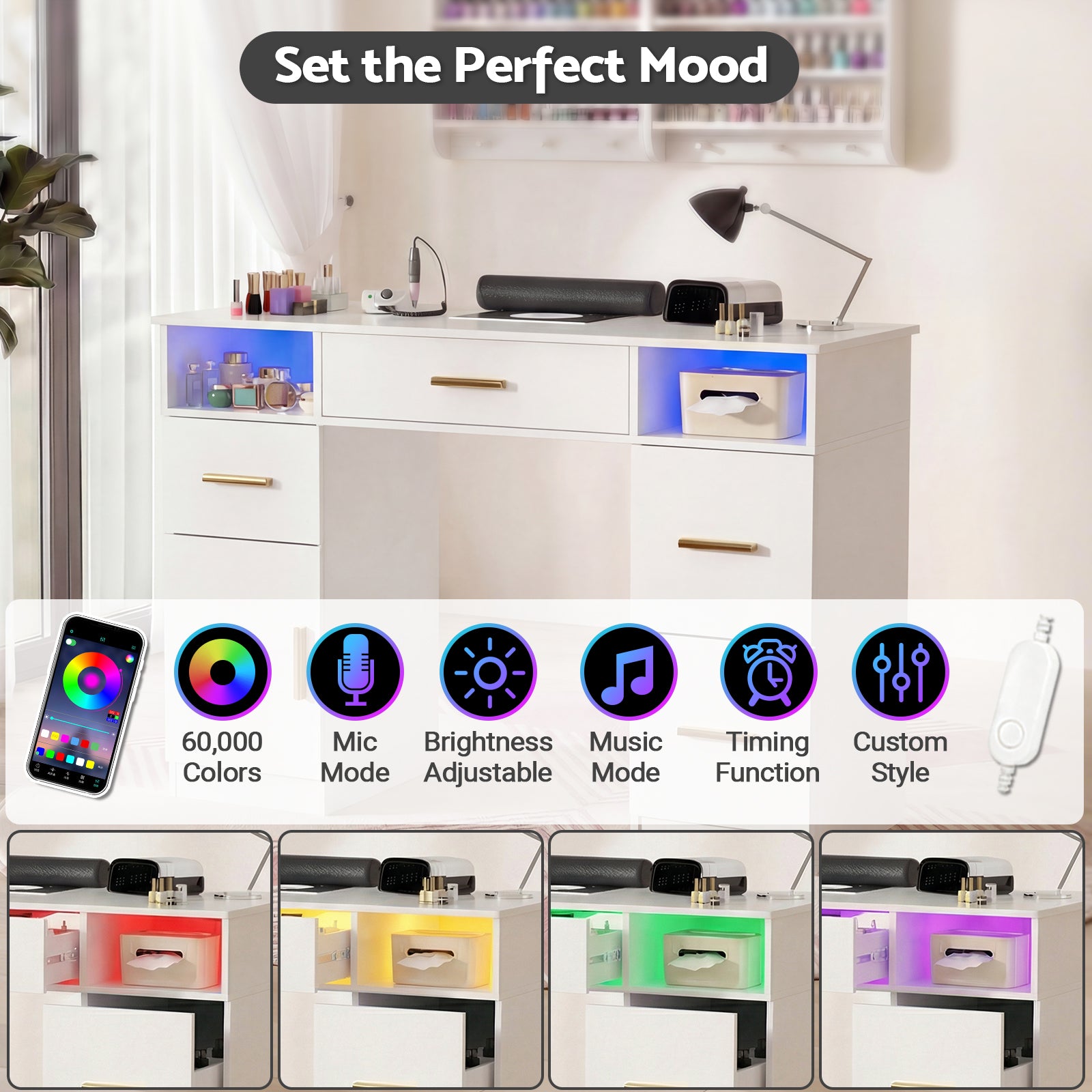 White desk with LED lighting options and smartphone app control.