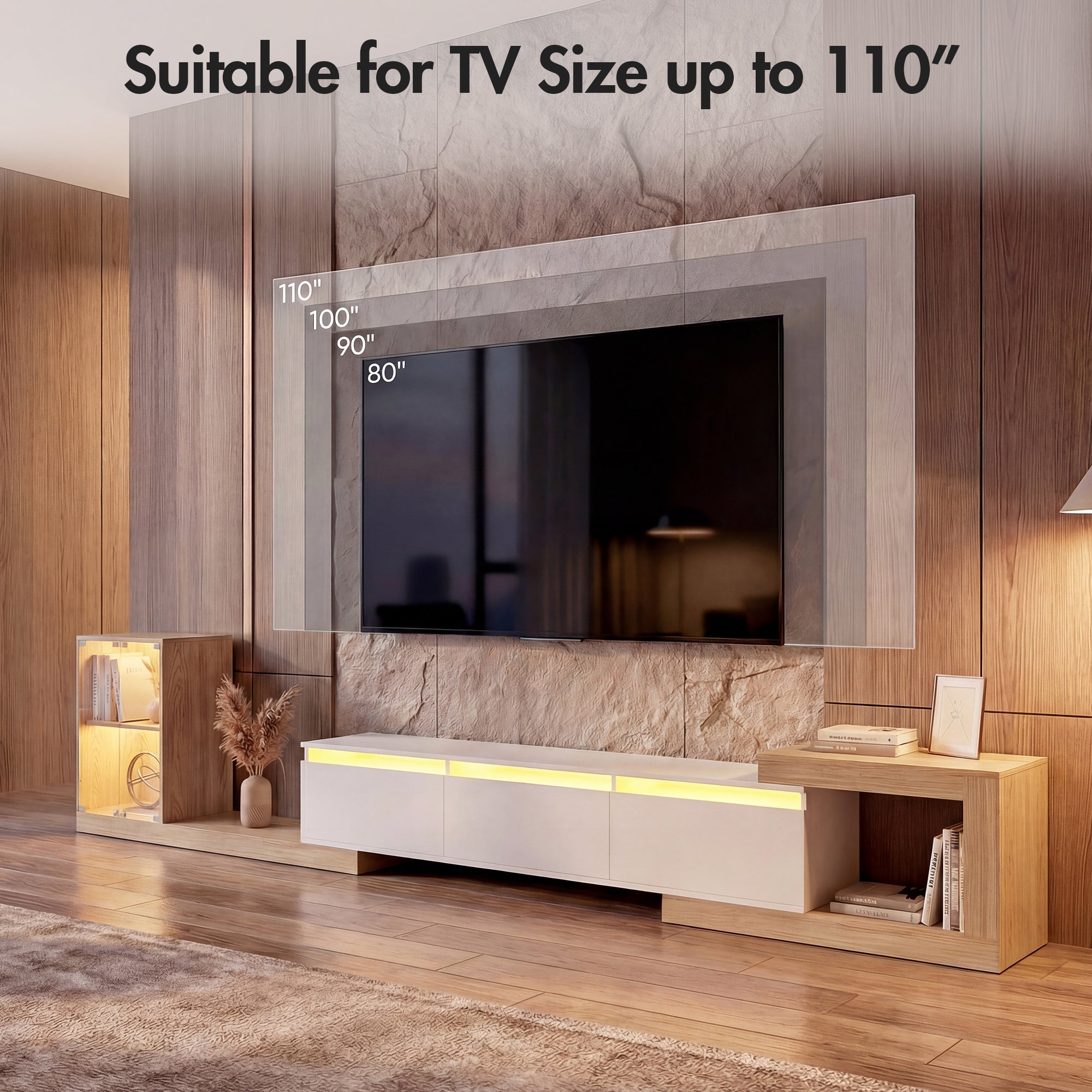 Modern entertainment console with TV mount suitable for large TVs, in a living room setting.