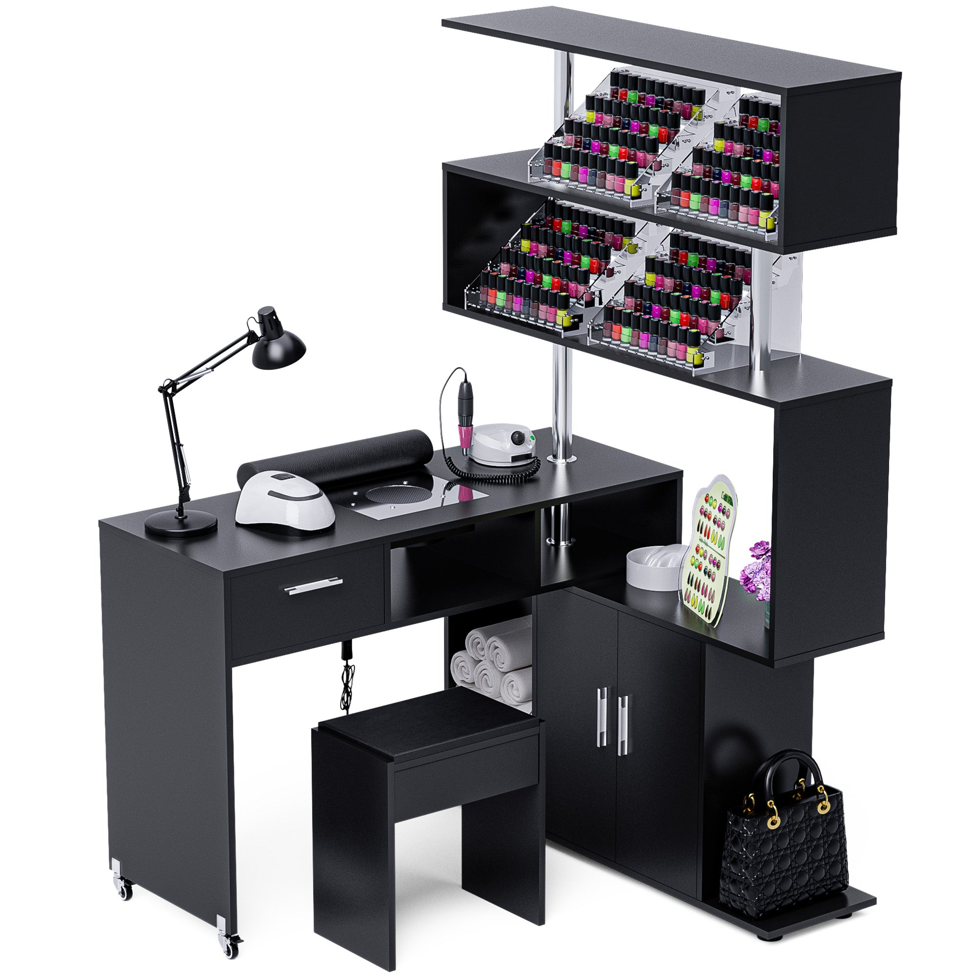 Advwin Rotating Manicure Table Nail Desk with Stool L-Shaped Nail