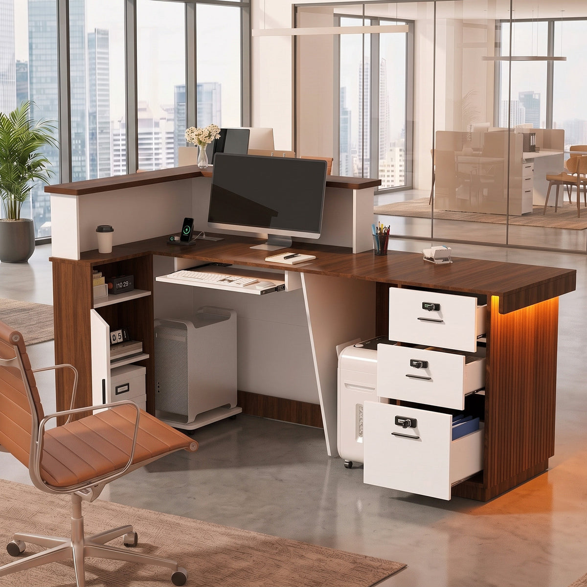 Advwin L-Shape Fluted Reception Desk w/ Counter & LED