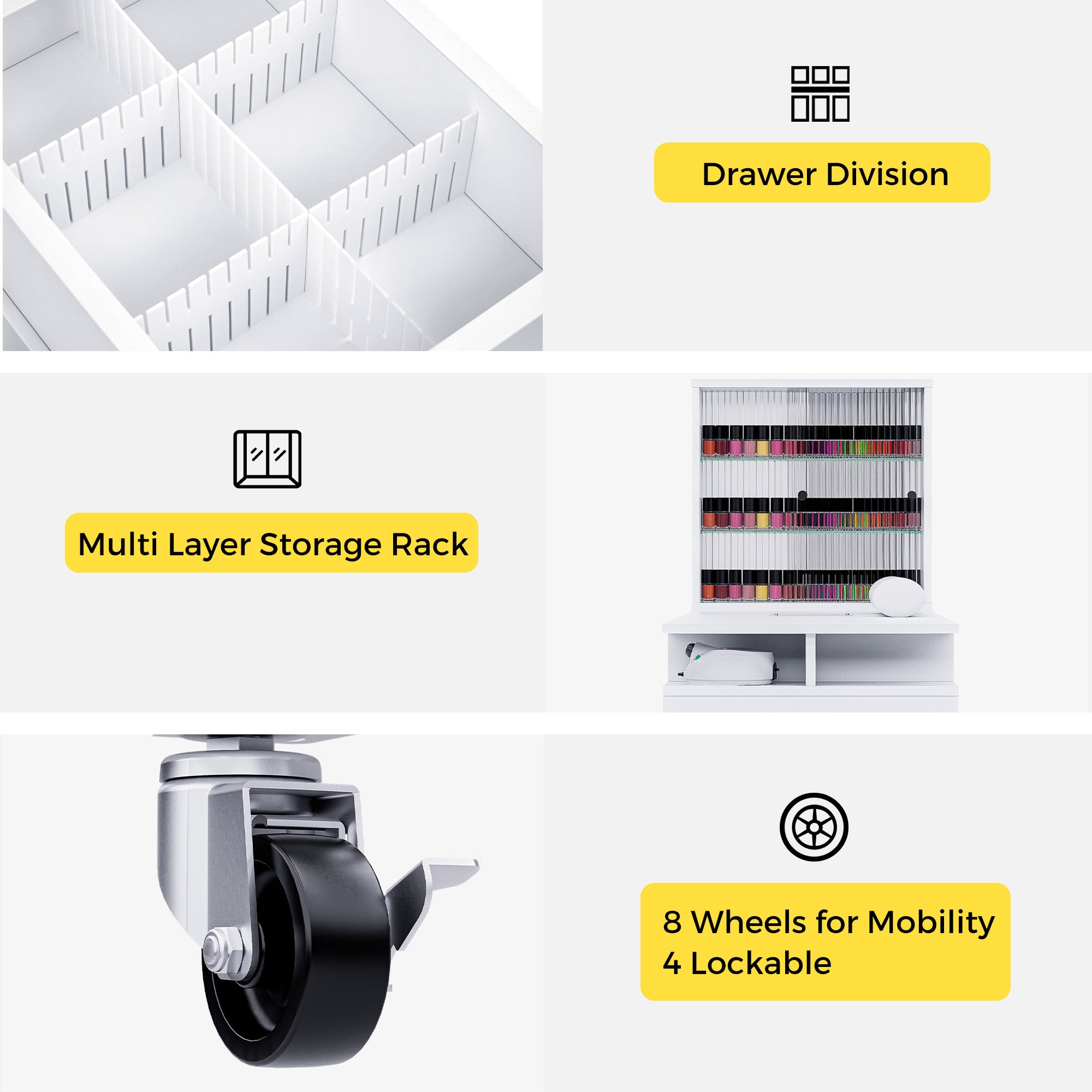 Advwin Manicure Table with Glass Door Cabinets & Wheels