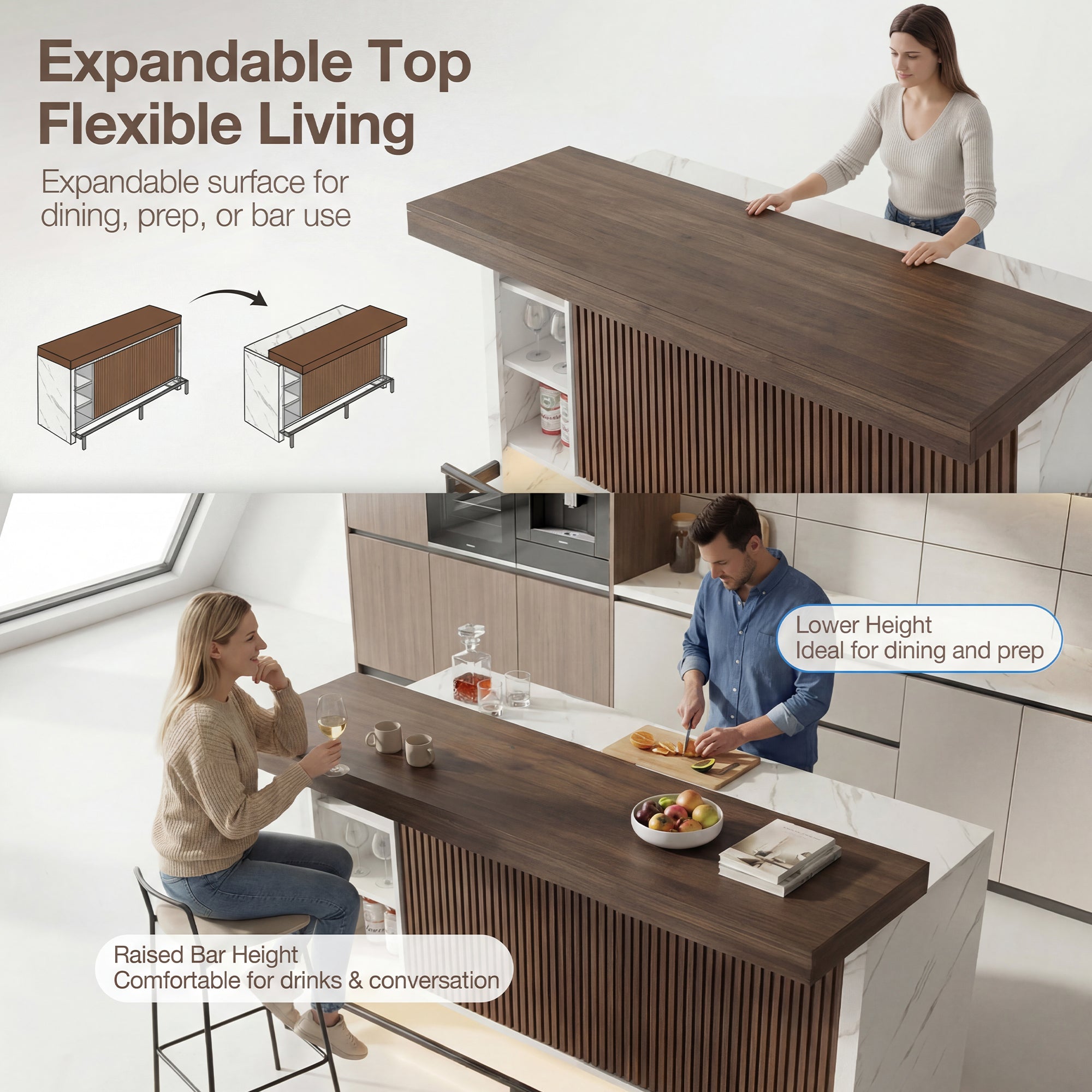 Kitchen island with expandable top, showing different height settings and people using it.