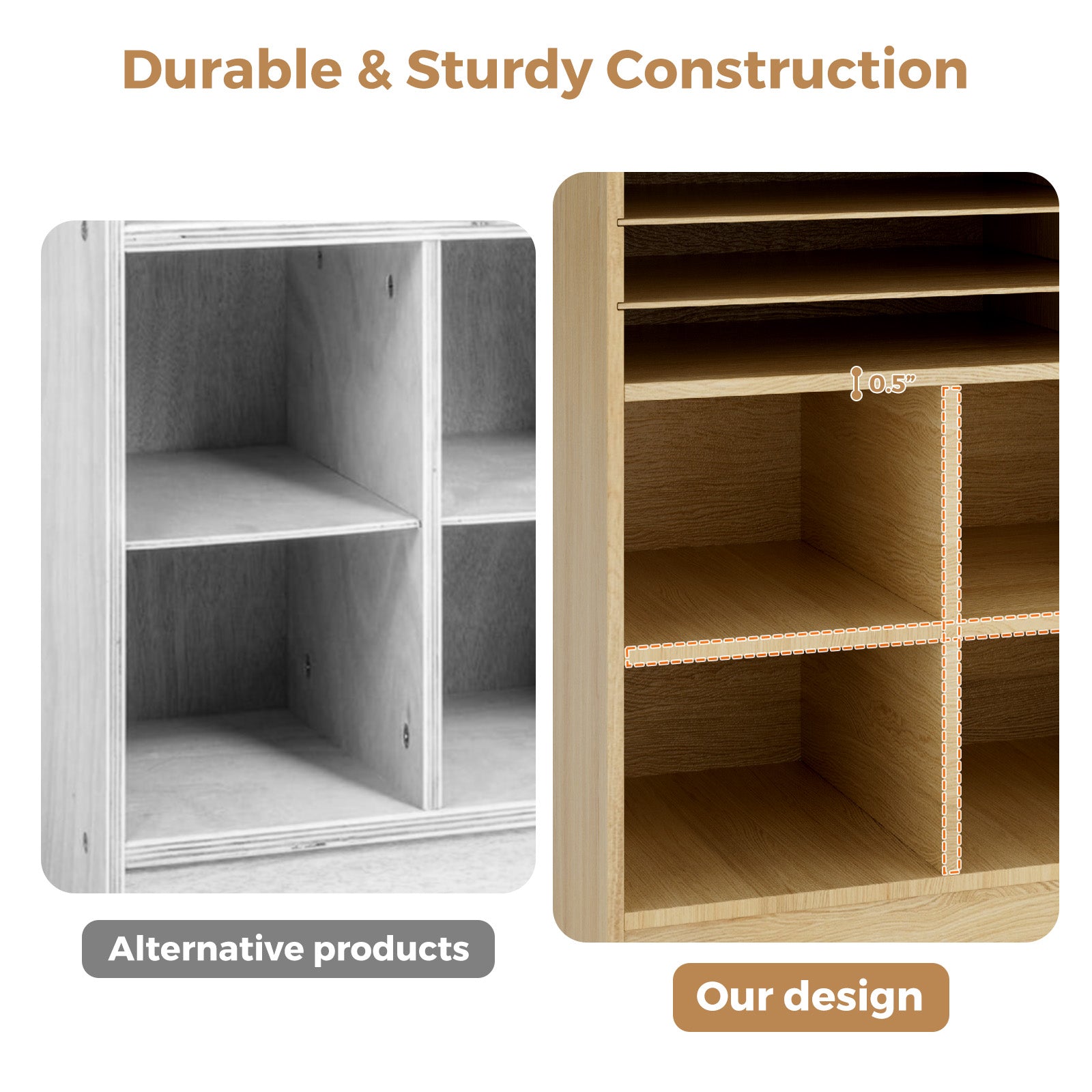 Comparison of a white and wooden shelf with text highlighting durability and design.