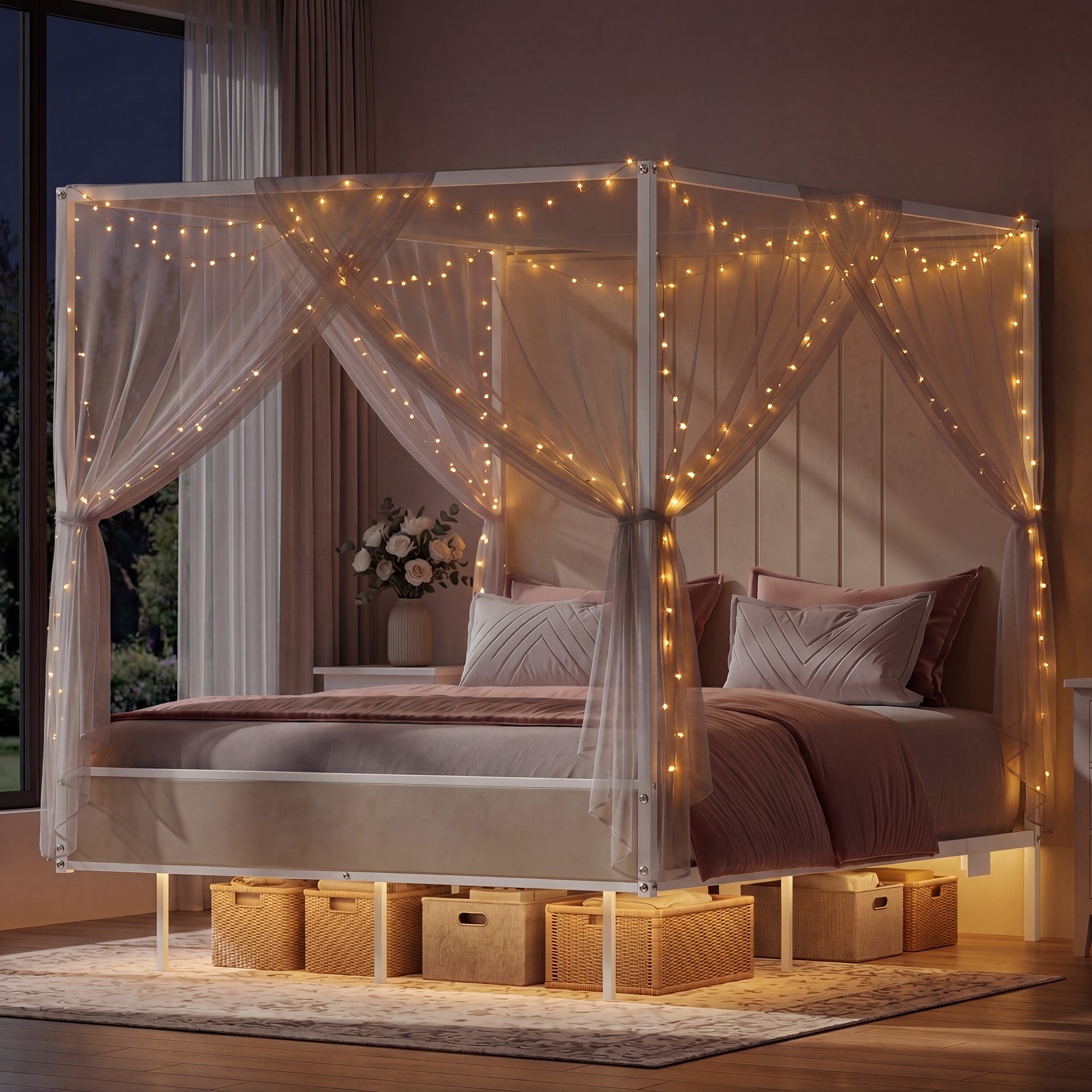 Advwin Canopy Bed Frame with RGB LED Strip Lights