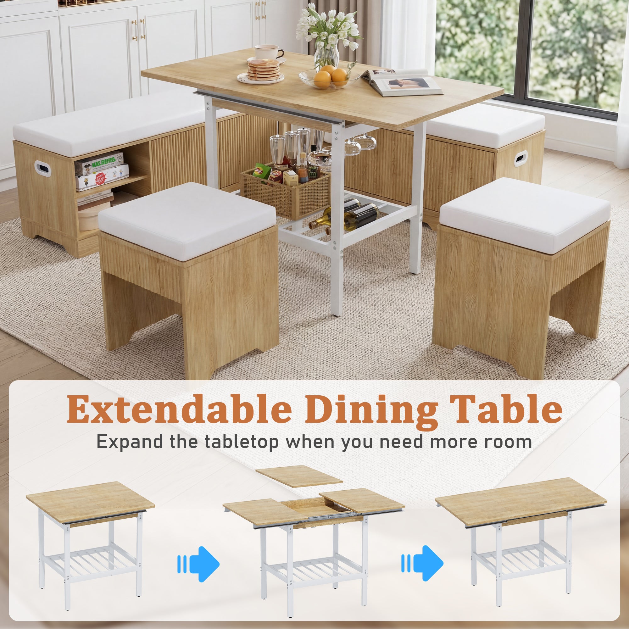 Extendable dining table with stools in a kitchen setting, showing the table expanding.