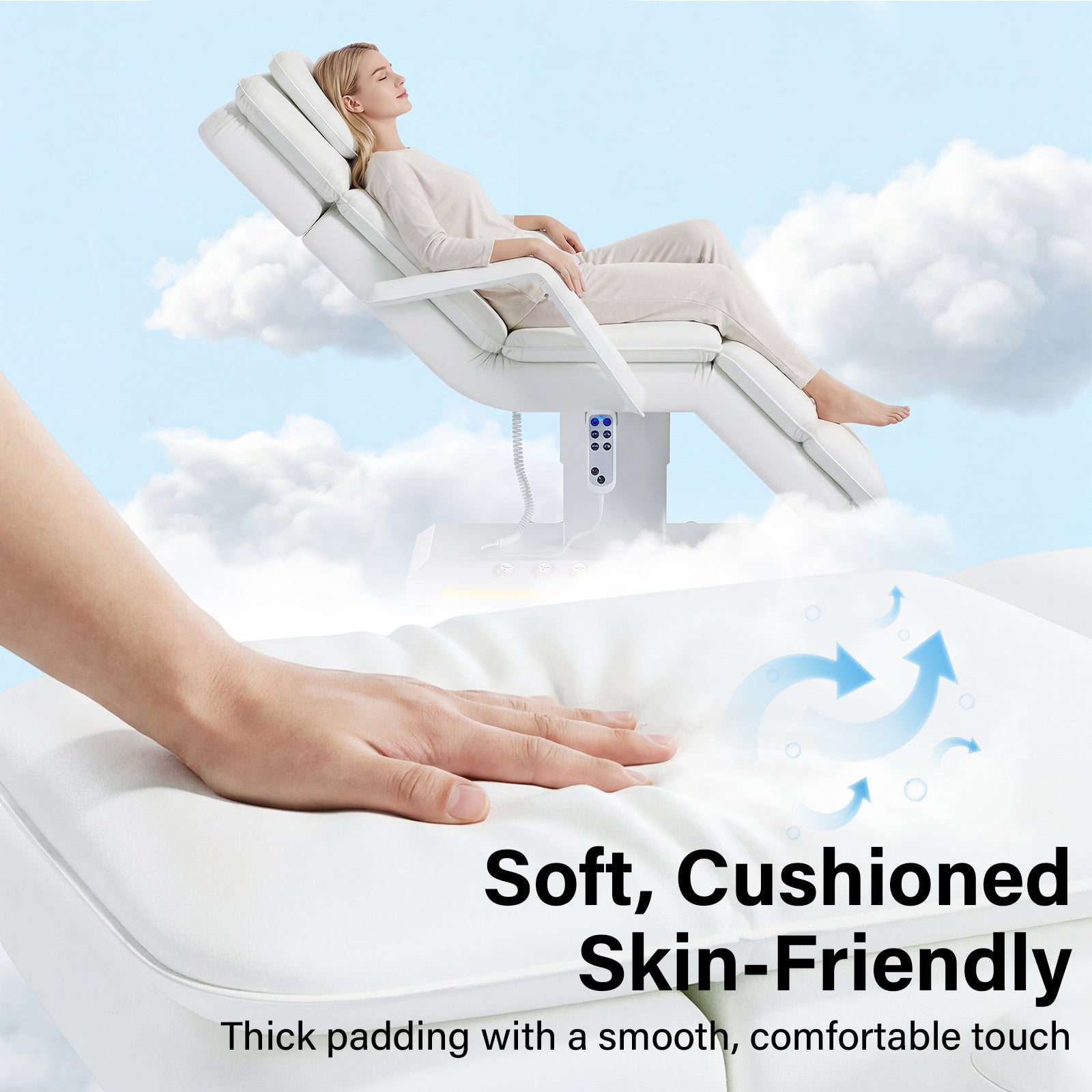 Woman relaxing on a white massage chair with text about soft, cushioned design.