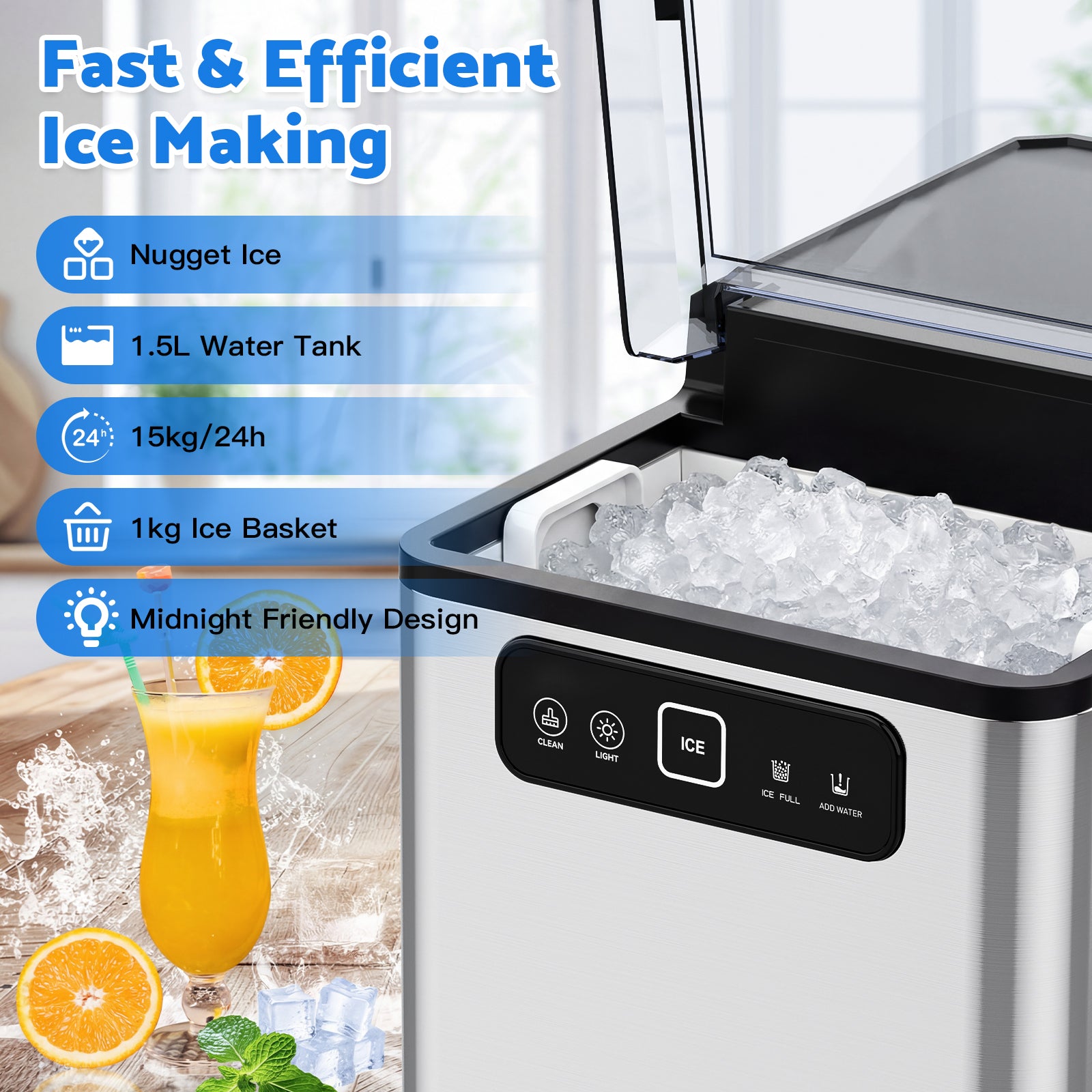 Ice maker with features highlighted and a glass of orange juice with ice cubes.