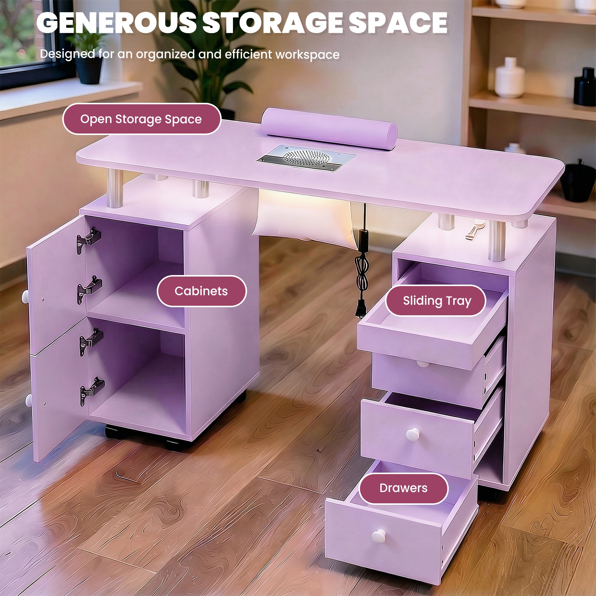 Advwin Nail Table w/ Dust Collector & Lockable Wheels Purple