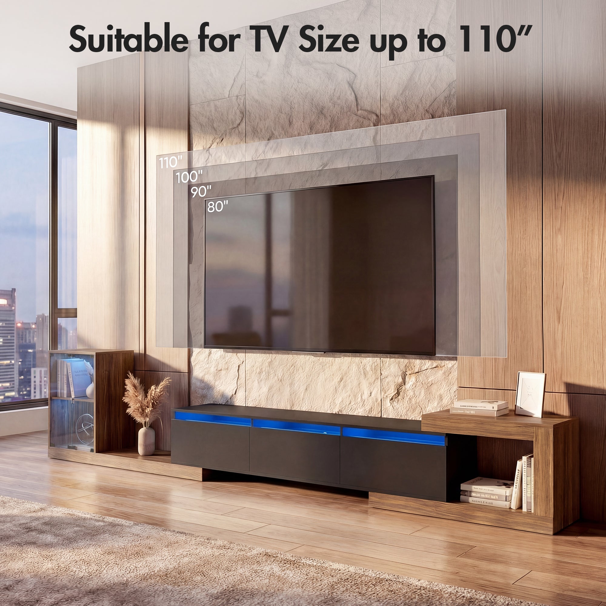 Modern TV stand with marble panel and wooden shelves in a living room setting.