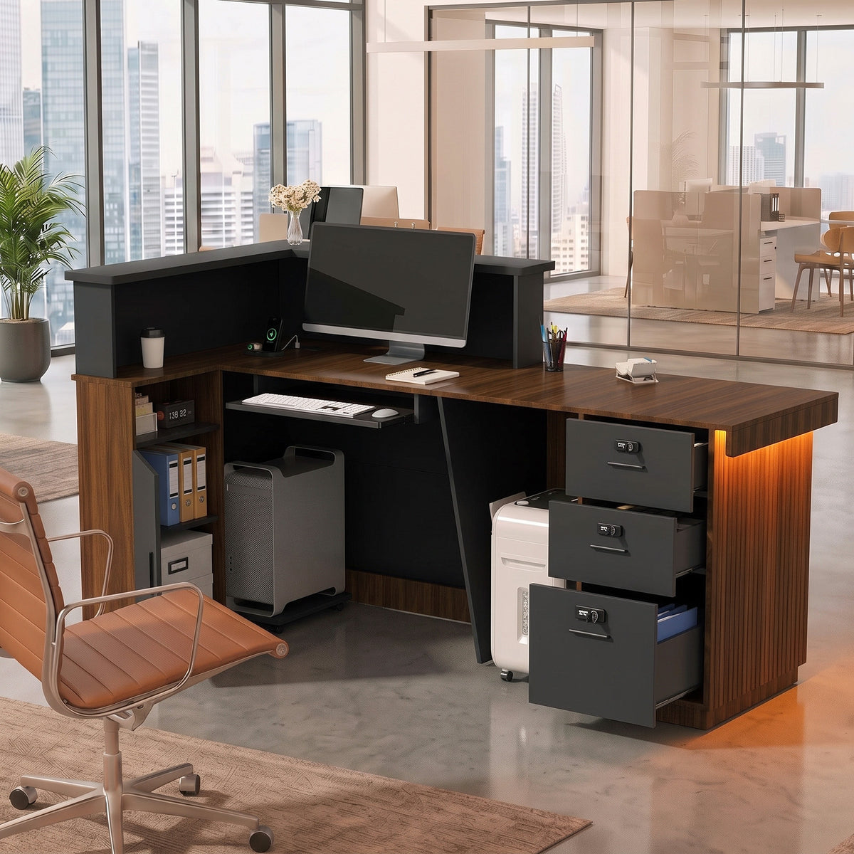 Advwin L-Shape Fluted Reception Desk w/ Counter & LED