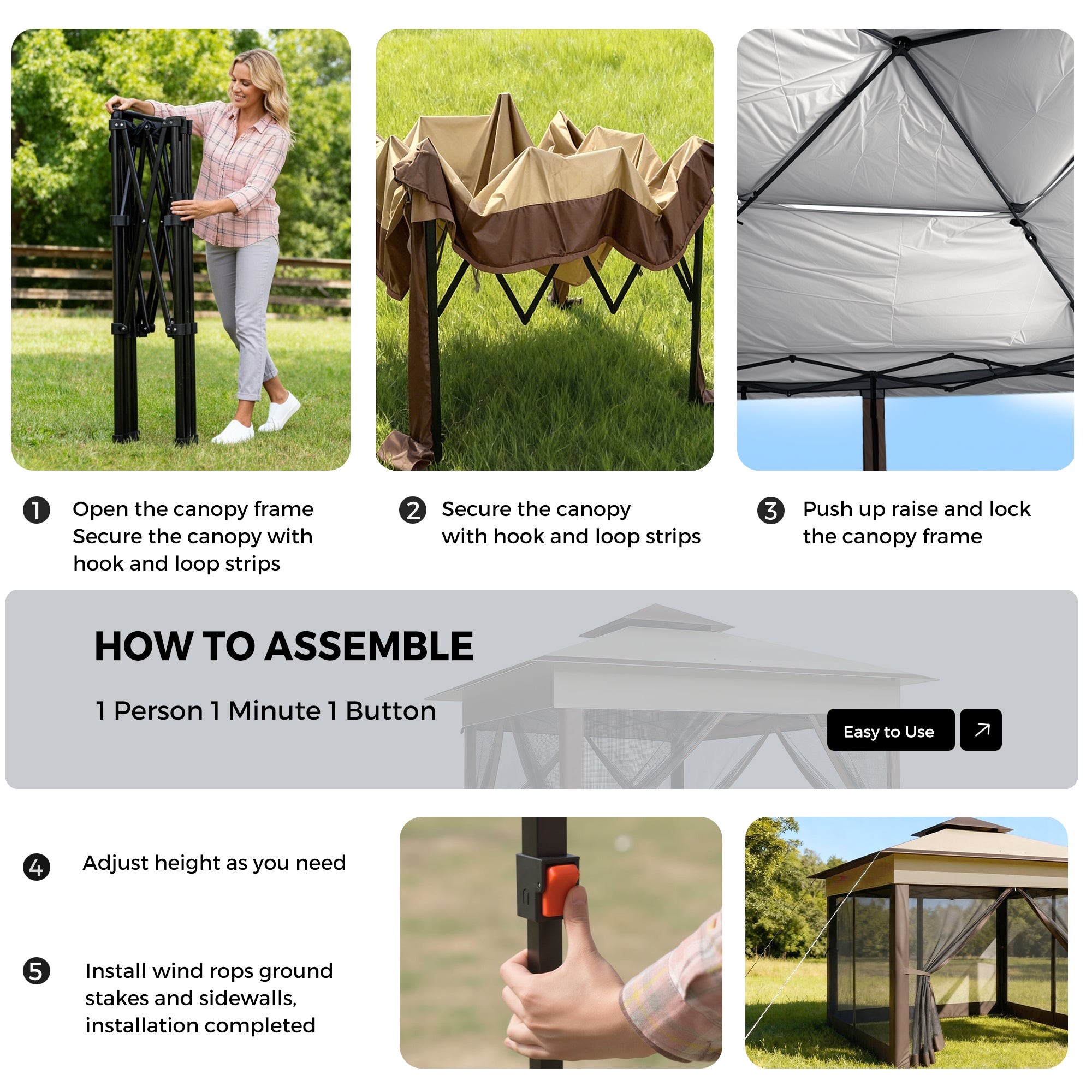 Step-by-step assembly guide for a canopy with images of setup process and product.