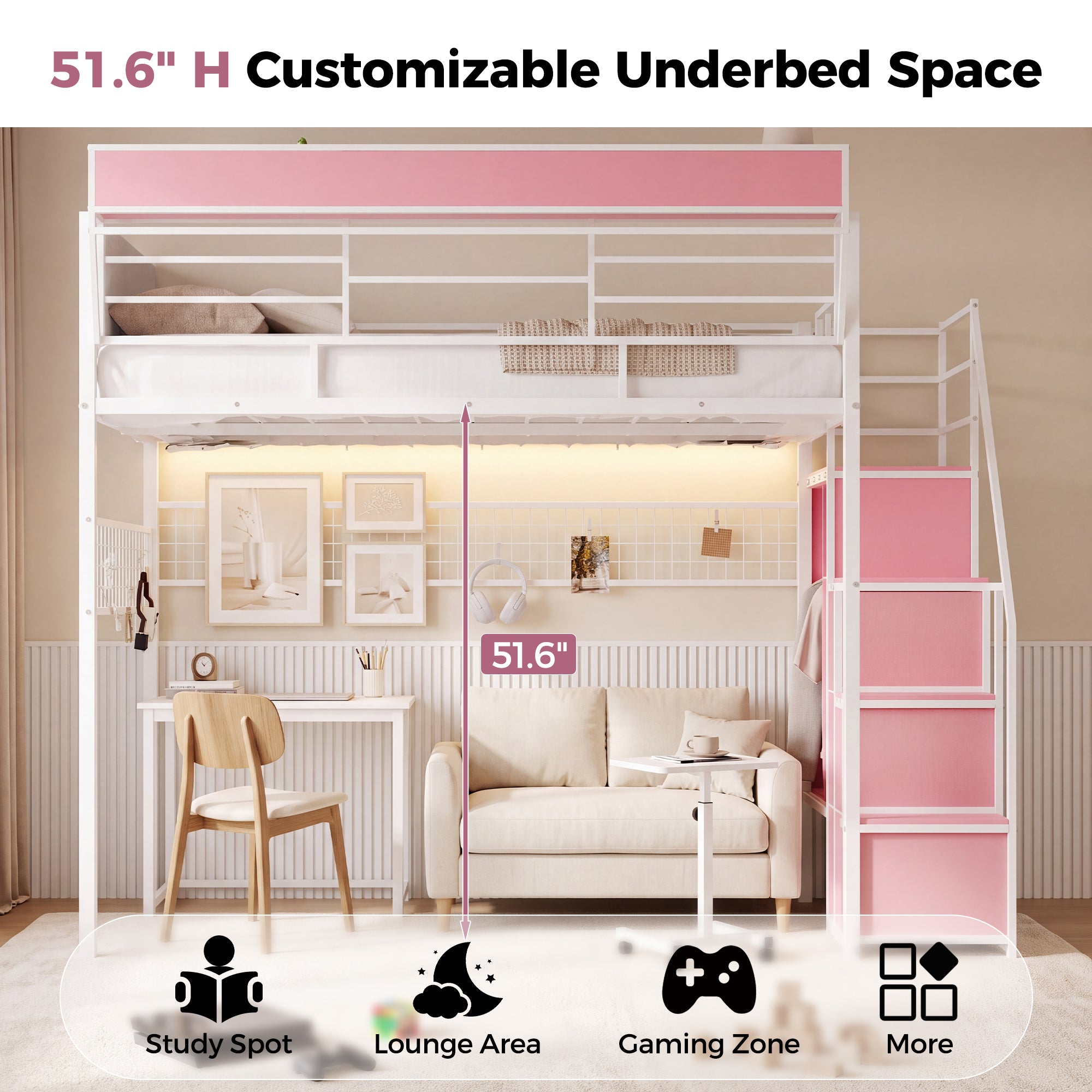 Advwin Loft Bed w/ Stairs, Storage and LED Light