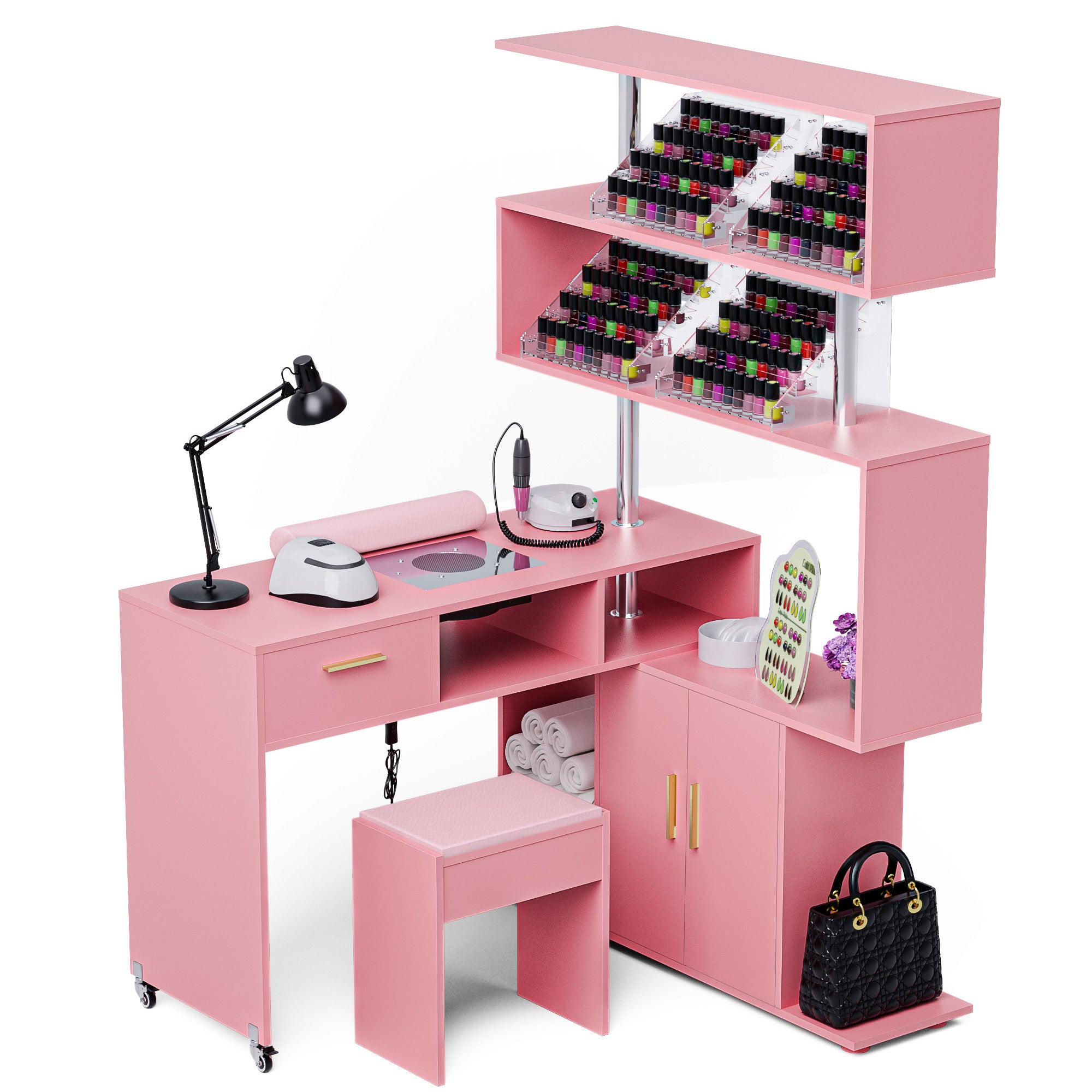 Advwin Rotating Manicure Table Nail Desk with Stool L-Shaped Nail