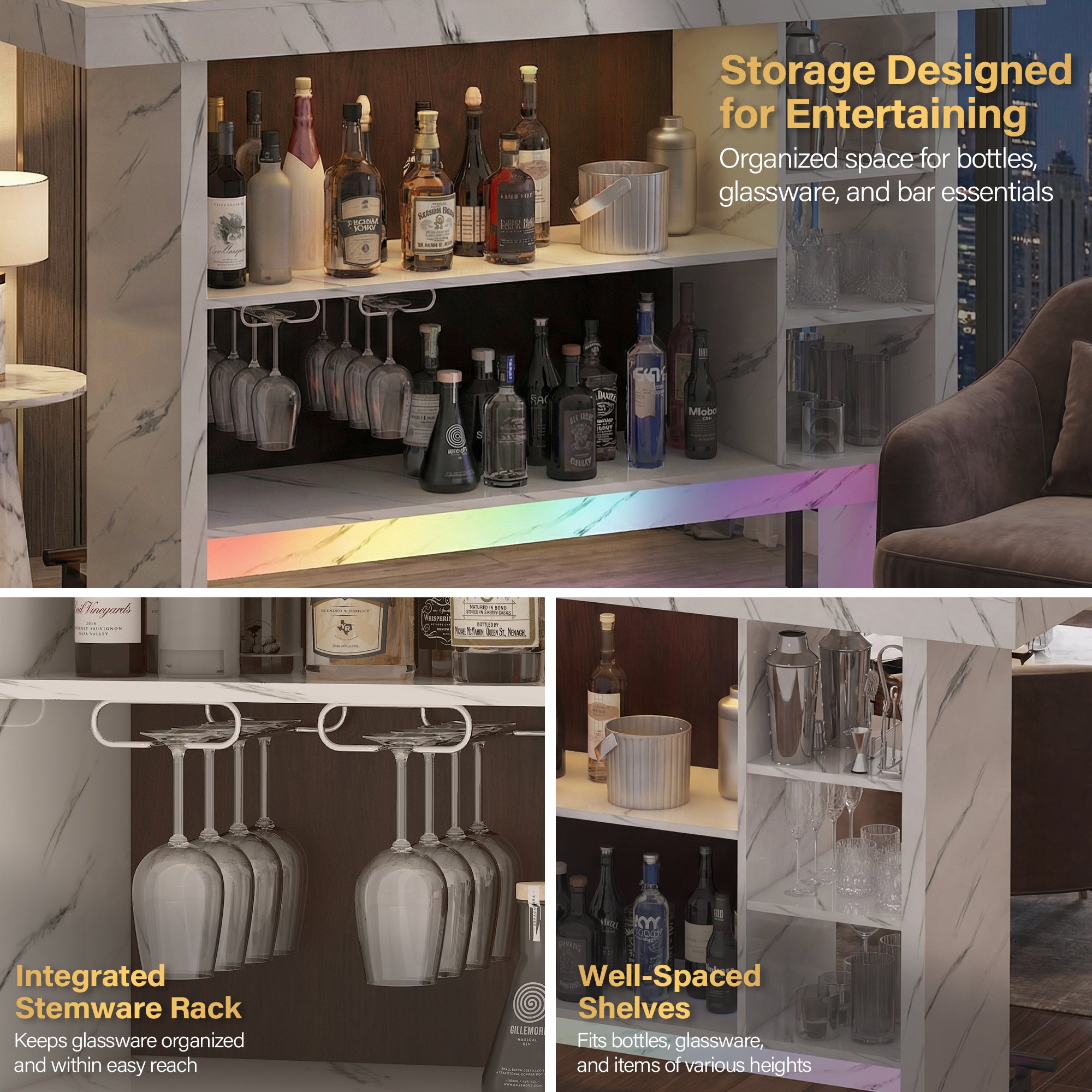 Storage unit for bottles, glassware, and bar essentials with integrated stemware rack and well-spaced shelves.