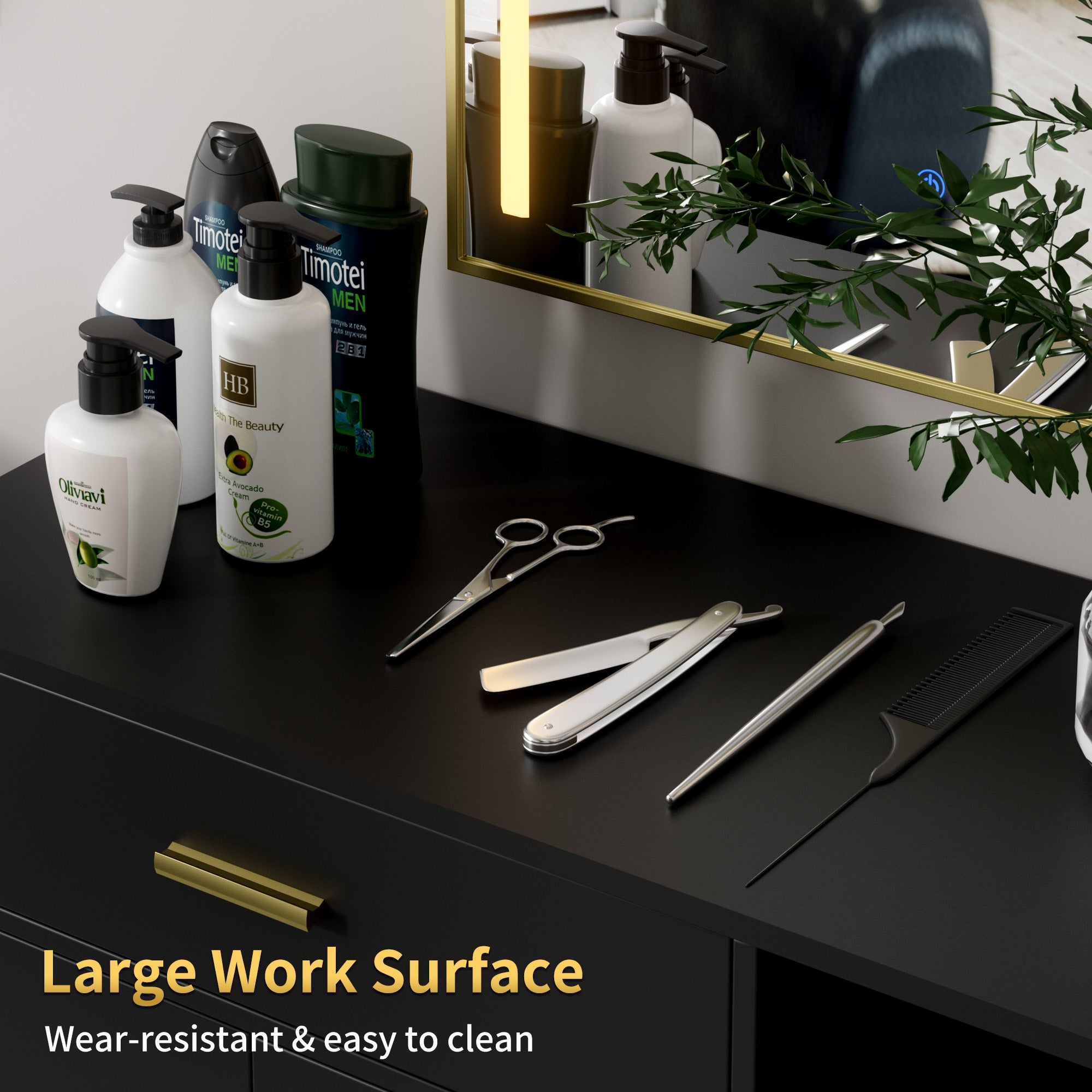 Black vanity table with hair care products and tools on a white background