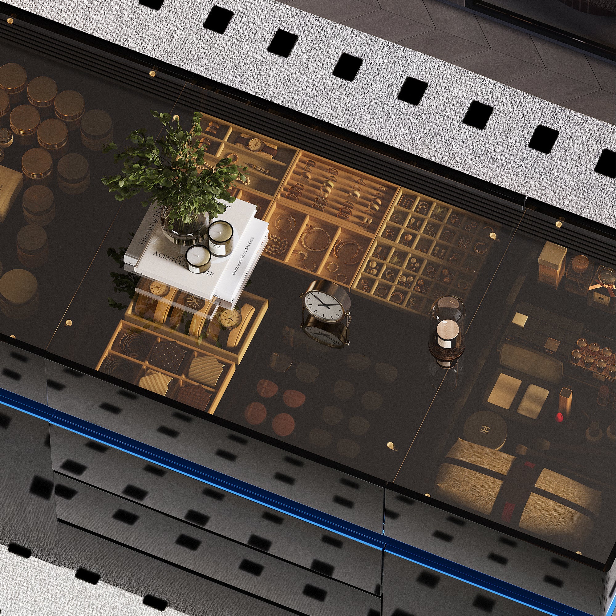Modern interior design with a glass coffee table, decorative items, and a plant.