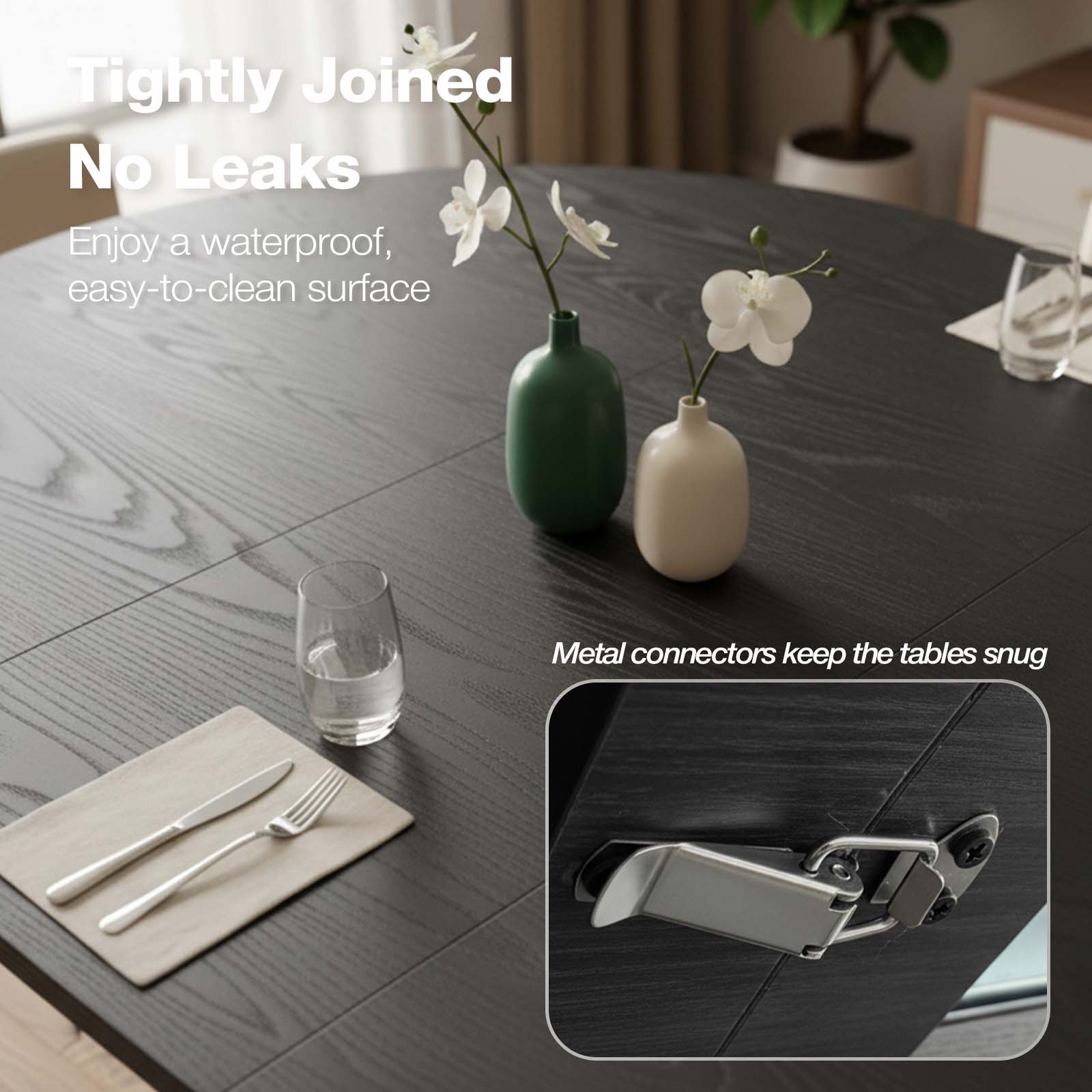 Dark wooden dining table with vases, glasses, and cutlery, featuring text about tight joins and waterproof surface.