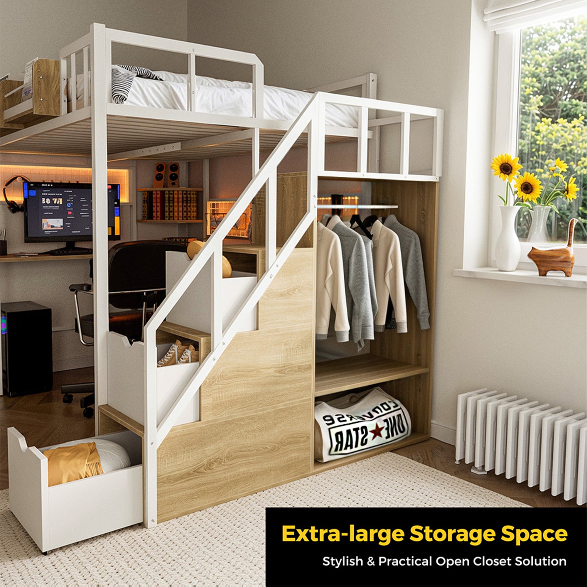 Advwin Loft Bed with Desk and Stairs