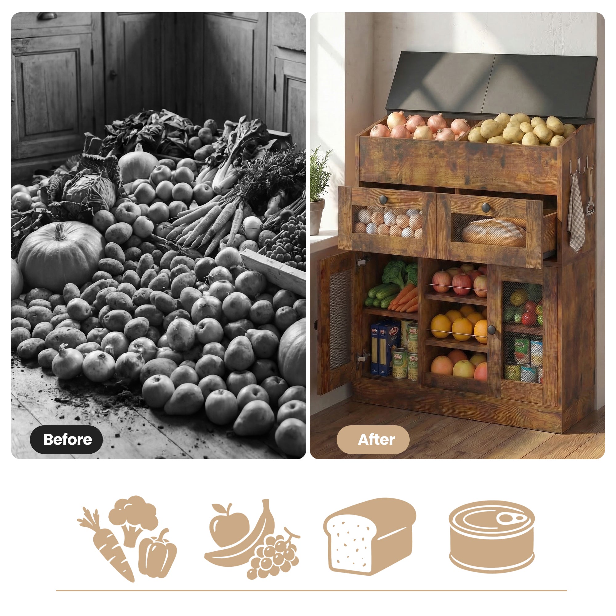 Before and after comparison of a kitchen with food storage solutions.