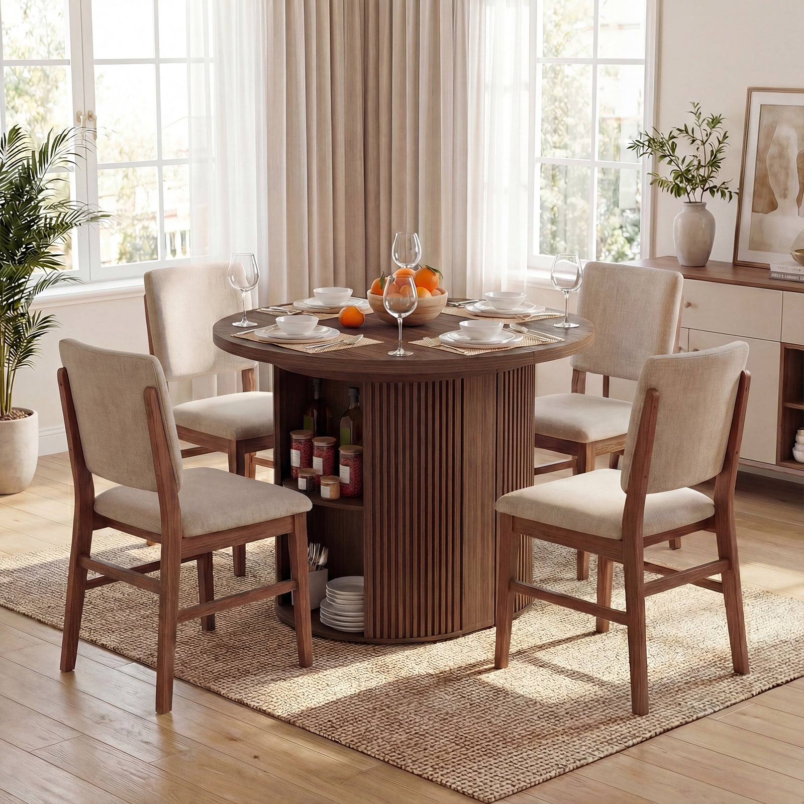 Dining room with a round wooden table and chairs in a well-lit room.