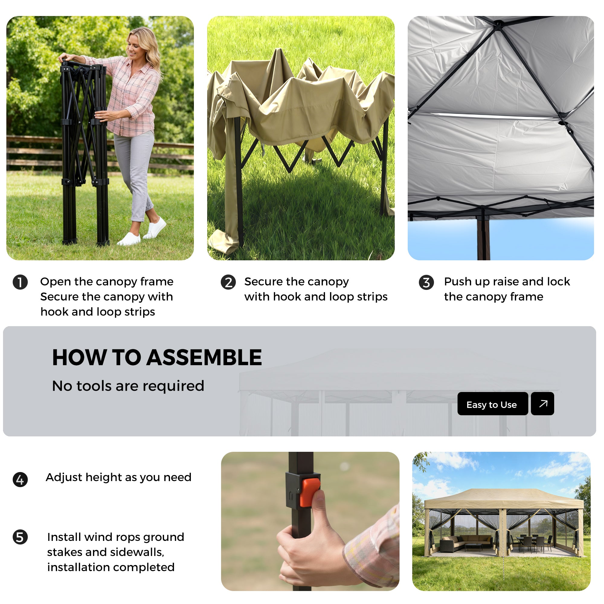 Step-by-step guide on how to assemble a canopy with images of assembly process and final product.