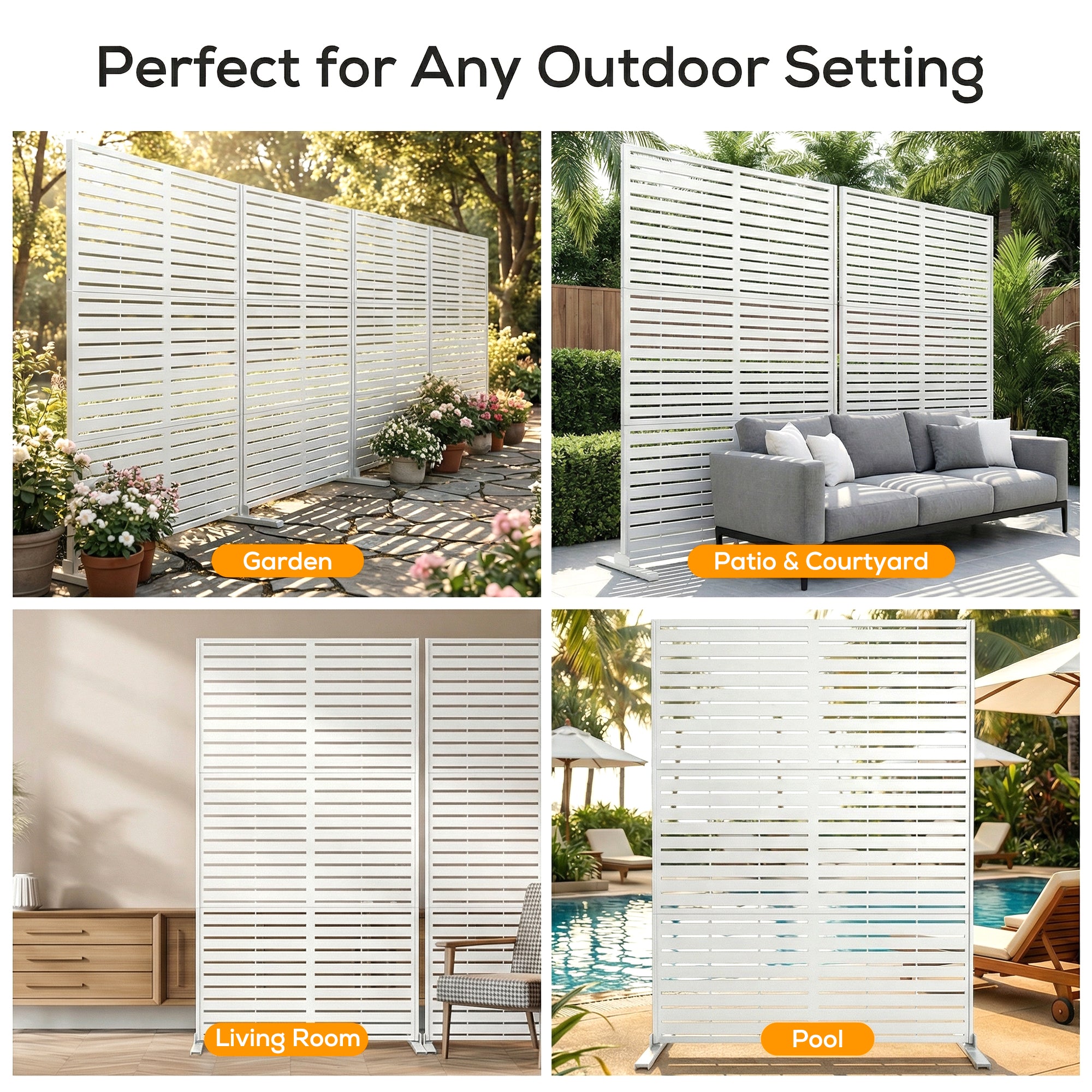 White outdoor privacy screen used in various outdoor settings including garden, patio, courtyard, living room, and pool area.